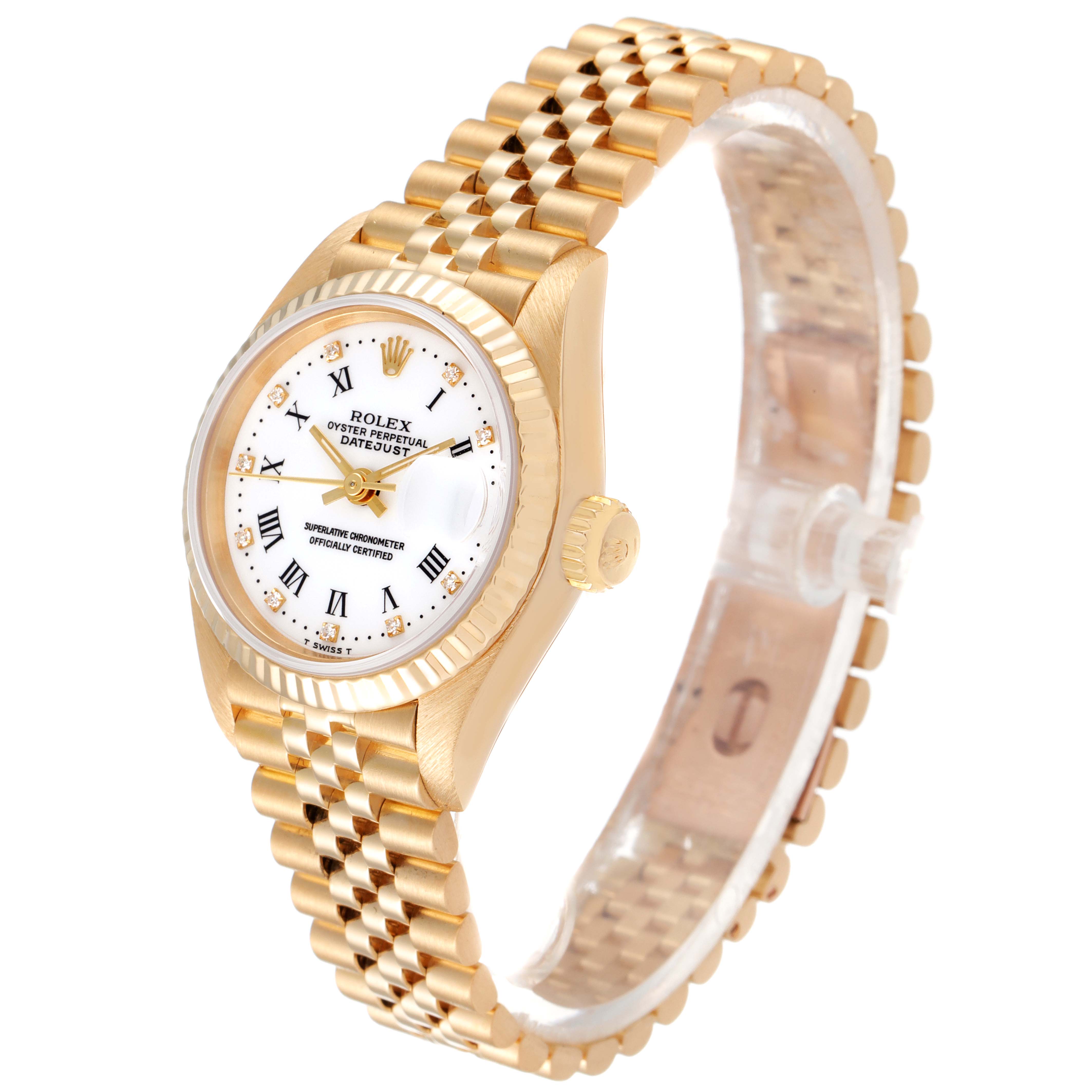 The Rolex President 69178 Women
s Yellow Gold White Dial 69178 Women
s Yellow Gold White Dial model watch is shown from a side angle with a focus on its bracelet, crown, and dial.
