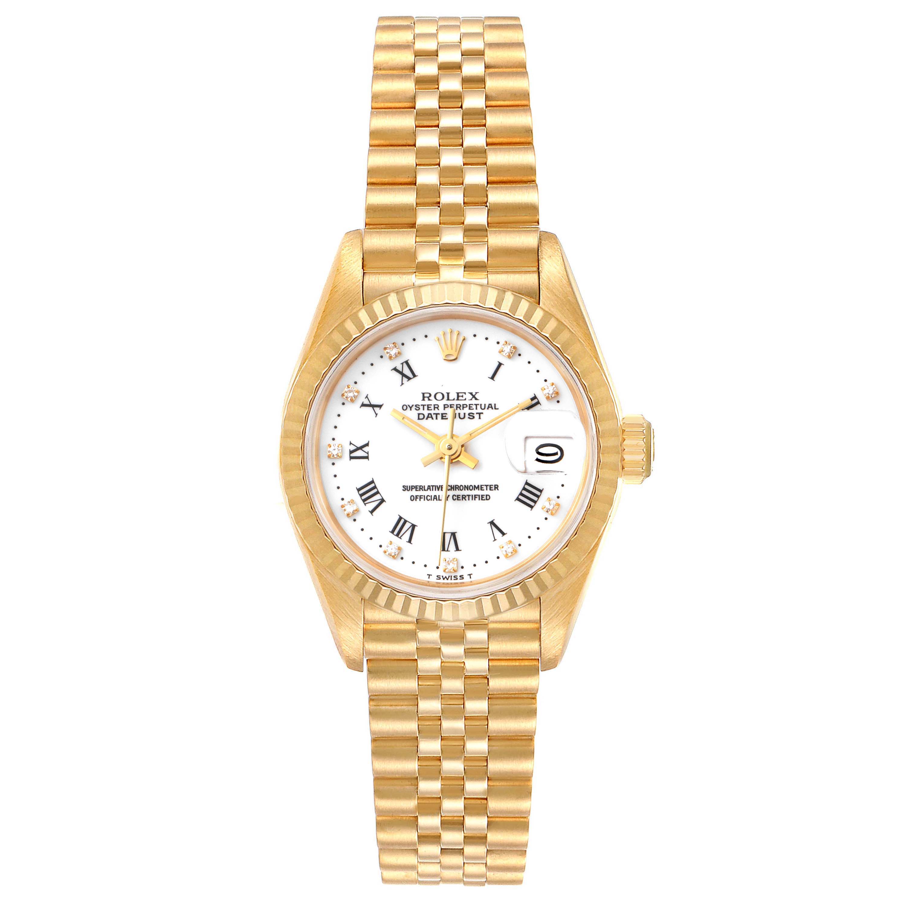 This is a frontal view of the Rolex President 69178 Women
s Yellow Gold White Dial 69178 Women
s Yellow Gold White Dial model watch, showing its face, bracelet, and crown.