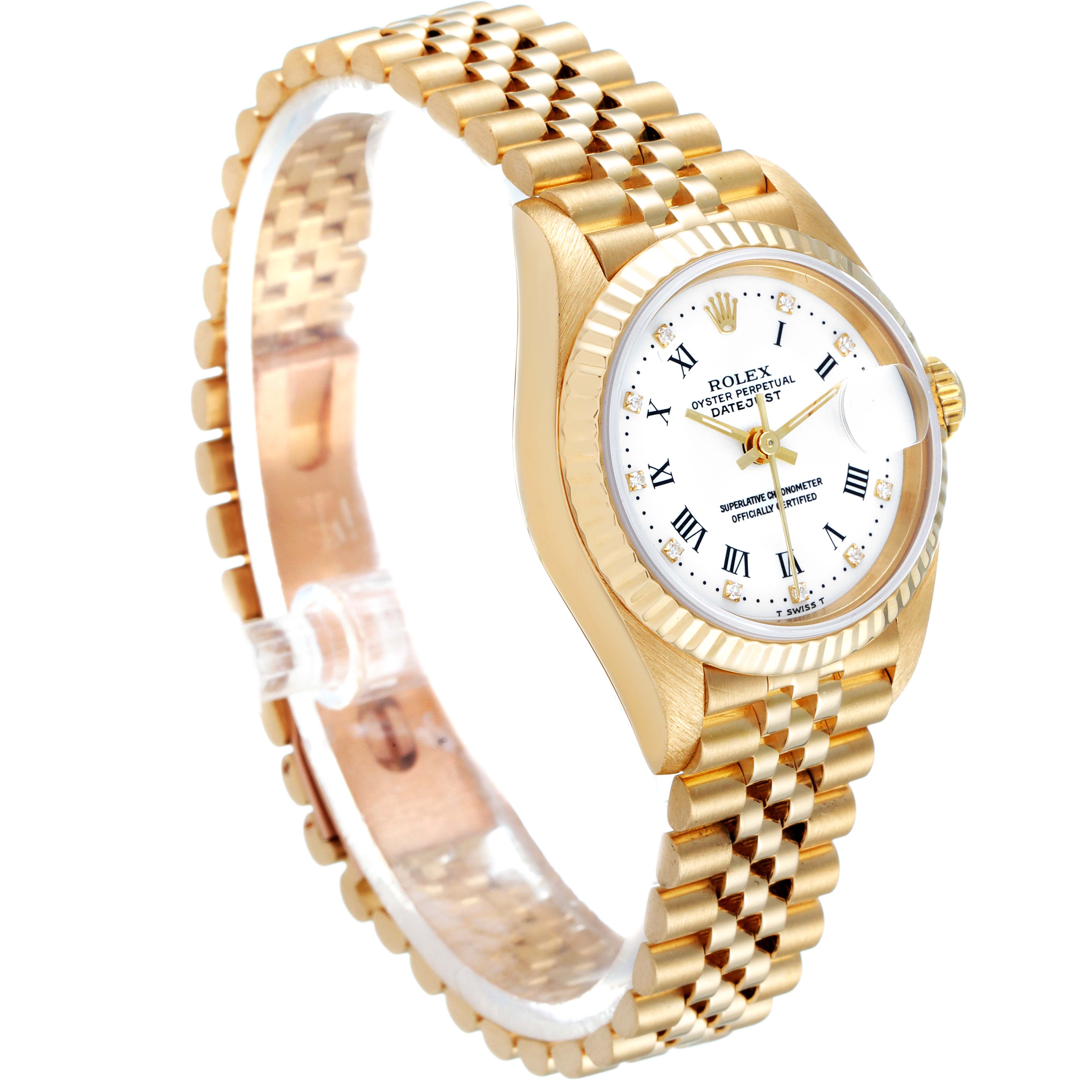 The image shows a side angle of a Rolex President 69178 Women
s Yellow Gold White Dial 69178 Women
s Yellow Gold White Dial model watch, highlighting its gold bracelet and white dial with Roman numerals.