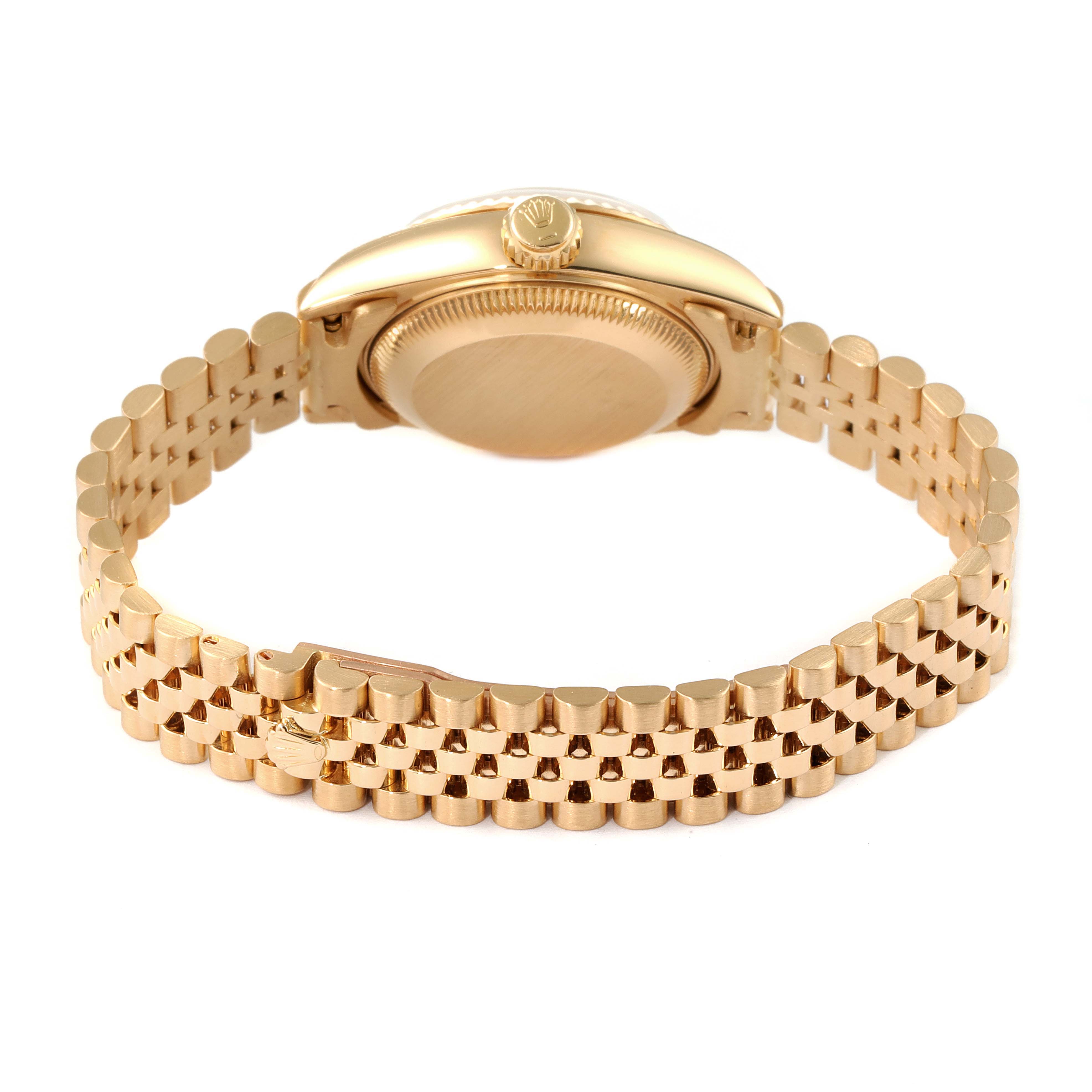 This is a rear view of a Rolex President 69178 Women
s Yellow Gold White Dial 69178 Women
s Yellow Gold White Dial model, showing the watch case back and bracelet.