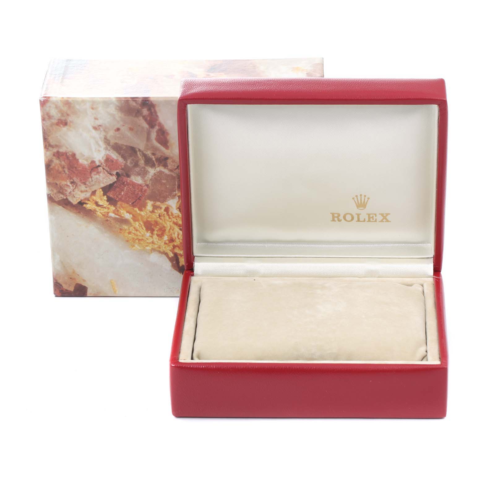 This image shows an open Rolex President 69178 Women
s Yellow Gold White Dial 69178 Women
s Yellow Gold White Dial watch box with cream interior and red exterior, alongside its outer packaging.