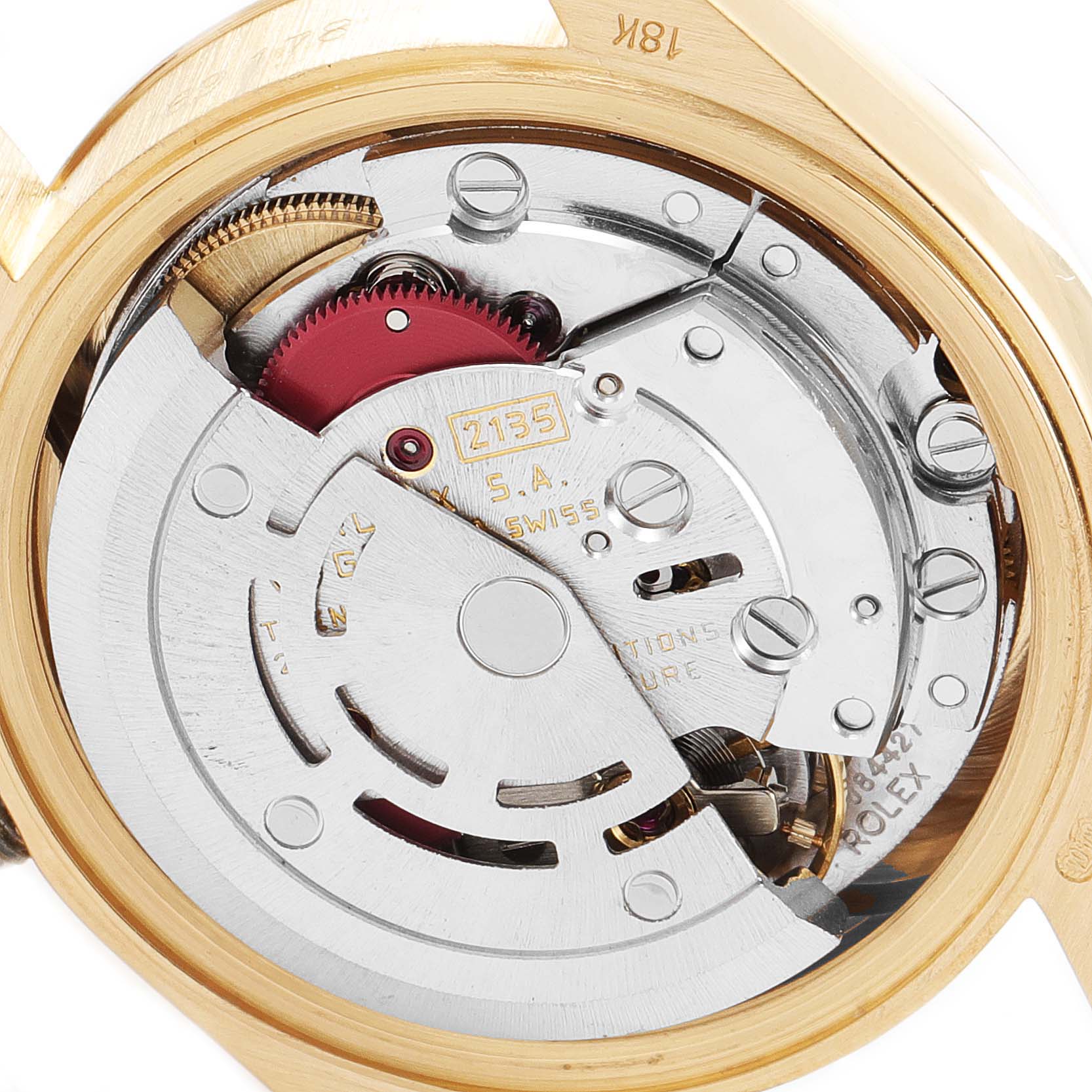 This image shows the inner mechanical movement of a Rolex President 69178 Women
s Yellow Gold White Dial 69178 Women
s Yellow Gold White Dial model watch, viewed from the back.
