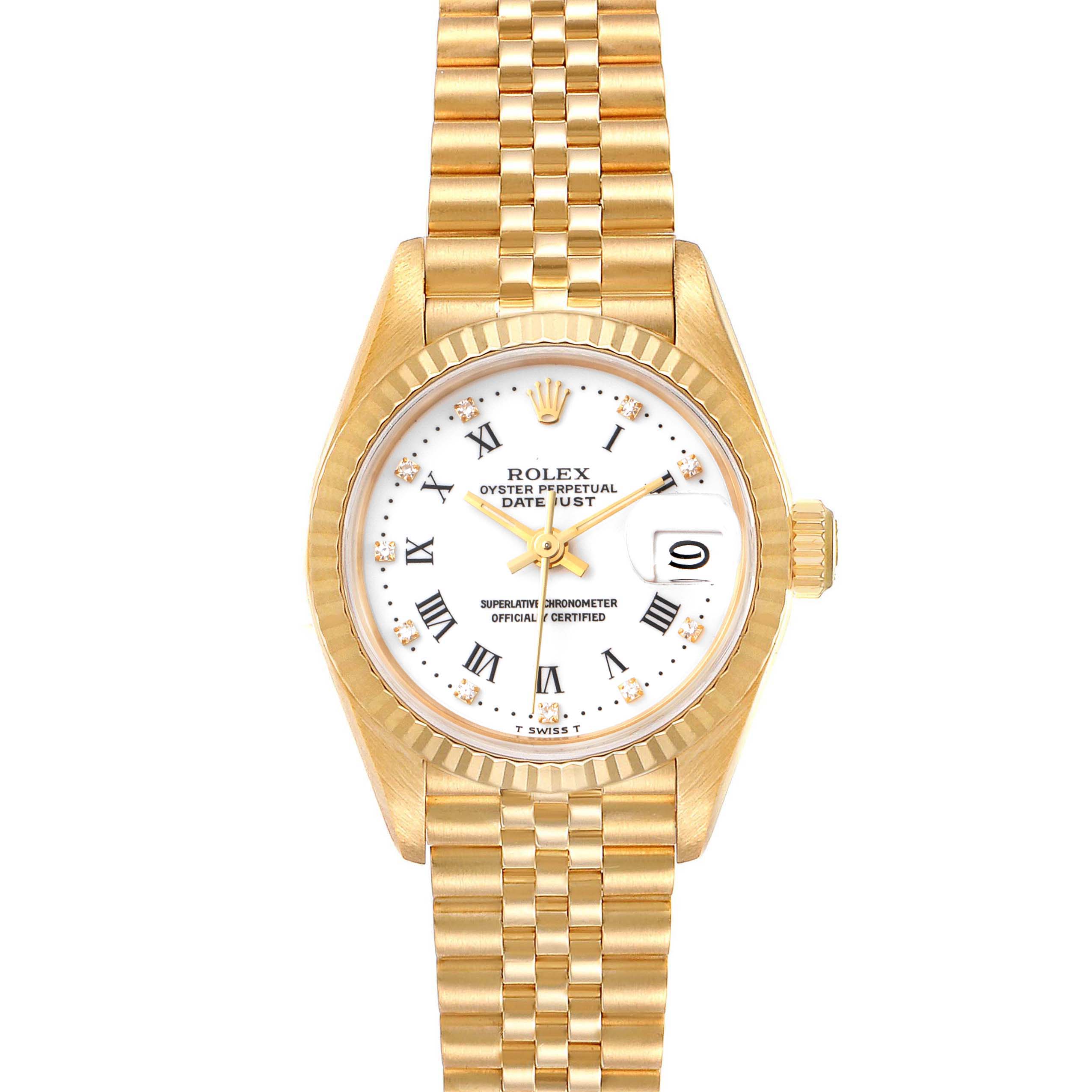 The Rolex President 69178 Women
s Yellow Gold White Dial 69178 Women
s Yellow Gold White Dial model watch is shown from a top-down angle, displaying its dial, bezel, and bracelet.