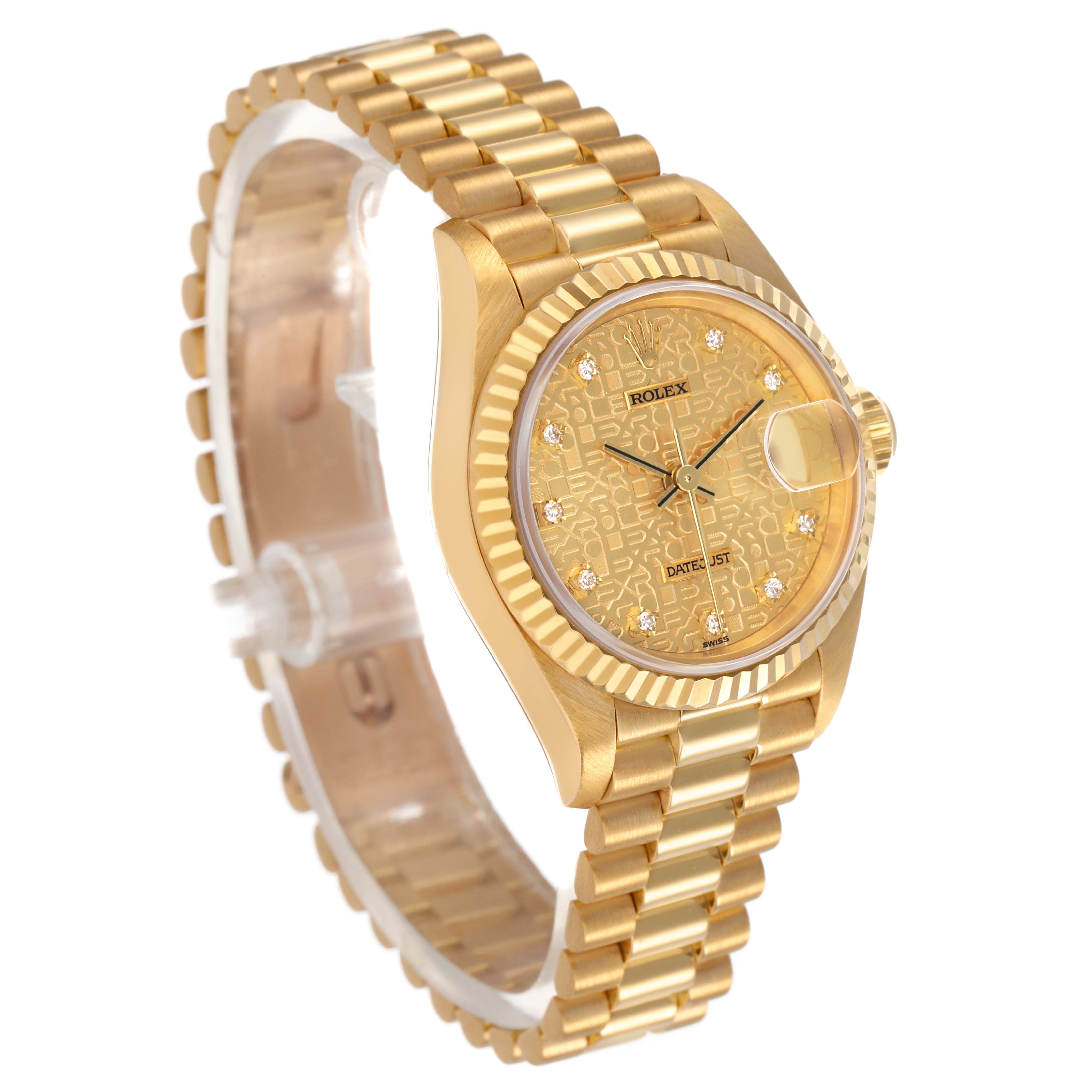 The Rolex President 69178 Women's Yellow Gold Champagne Dial model is shown at an angled view, illustrating the bracelet, case, dial, and fluted bezel.