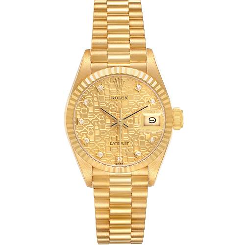 The Rolex President 69178 Women's Yellow Gold Champagne Dial model watch is shown from a front angle, highlighting the gold dial, fluted bezel, date window, and linked bracelet.