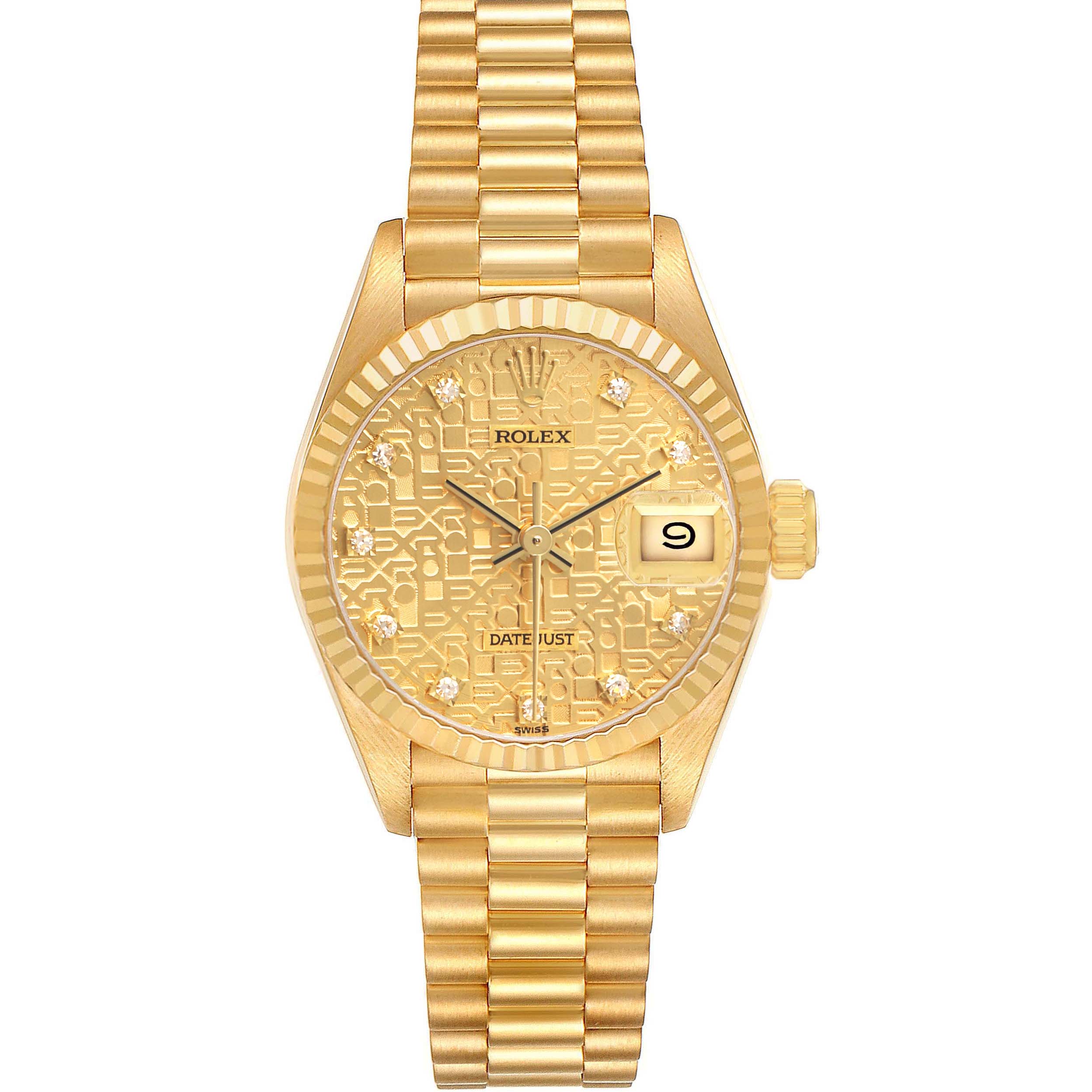 The Rolex President 69178 Women's Yellow Gold Champagne Dial model watch is shown from a top-down angle, highlighting its face, bracelet, and crown.
