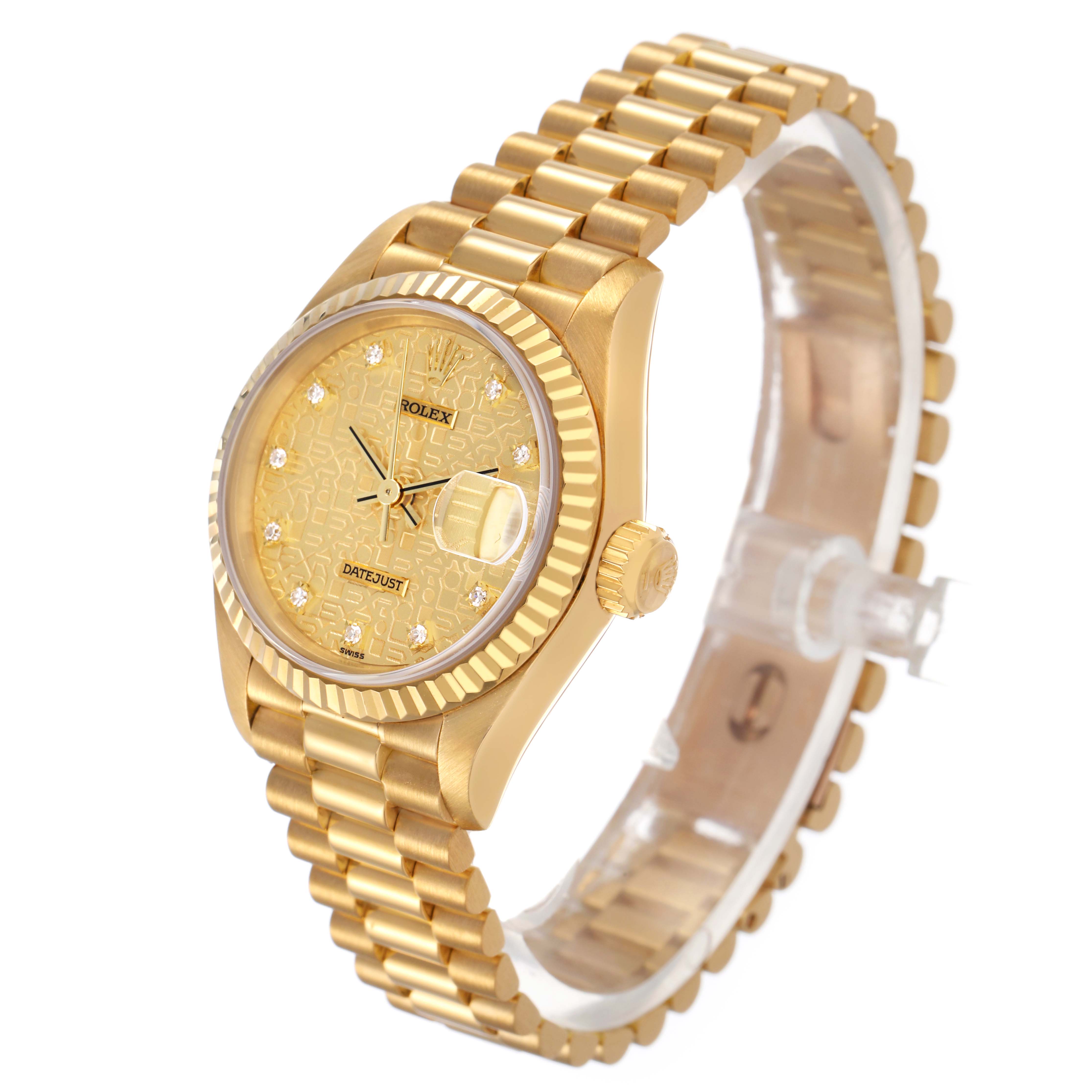 The Rolex President 69178 Women's Yellow Gold Champagne Dial model watch is shown at a three-quarter angle, highlighting the watch face, crown, and bracelet.