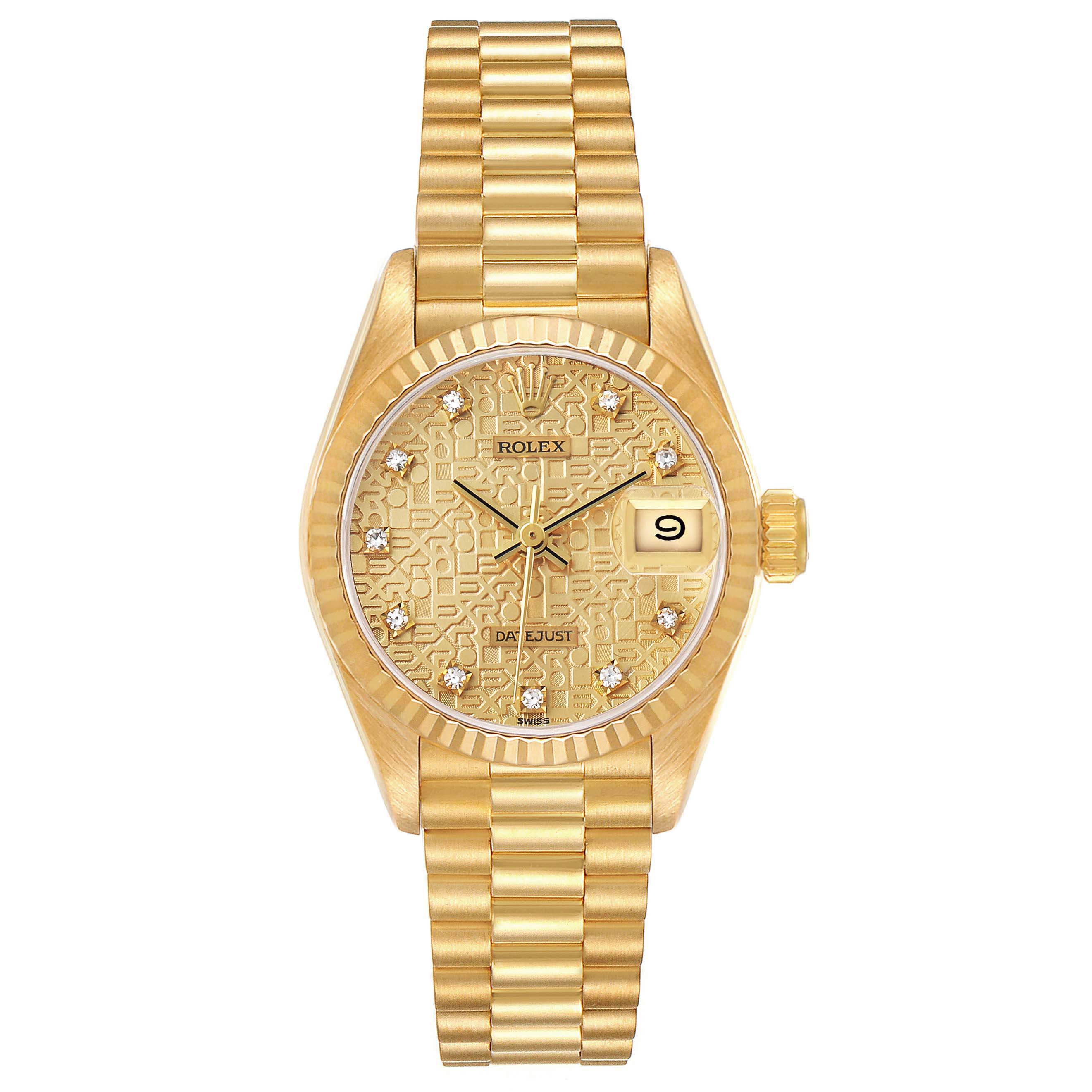 The Rolex President 69178 Women's Yellow Gold Champagne Dial model watch is shown from a top view, highlighting the dial, date display, and signature bracelet.