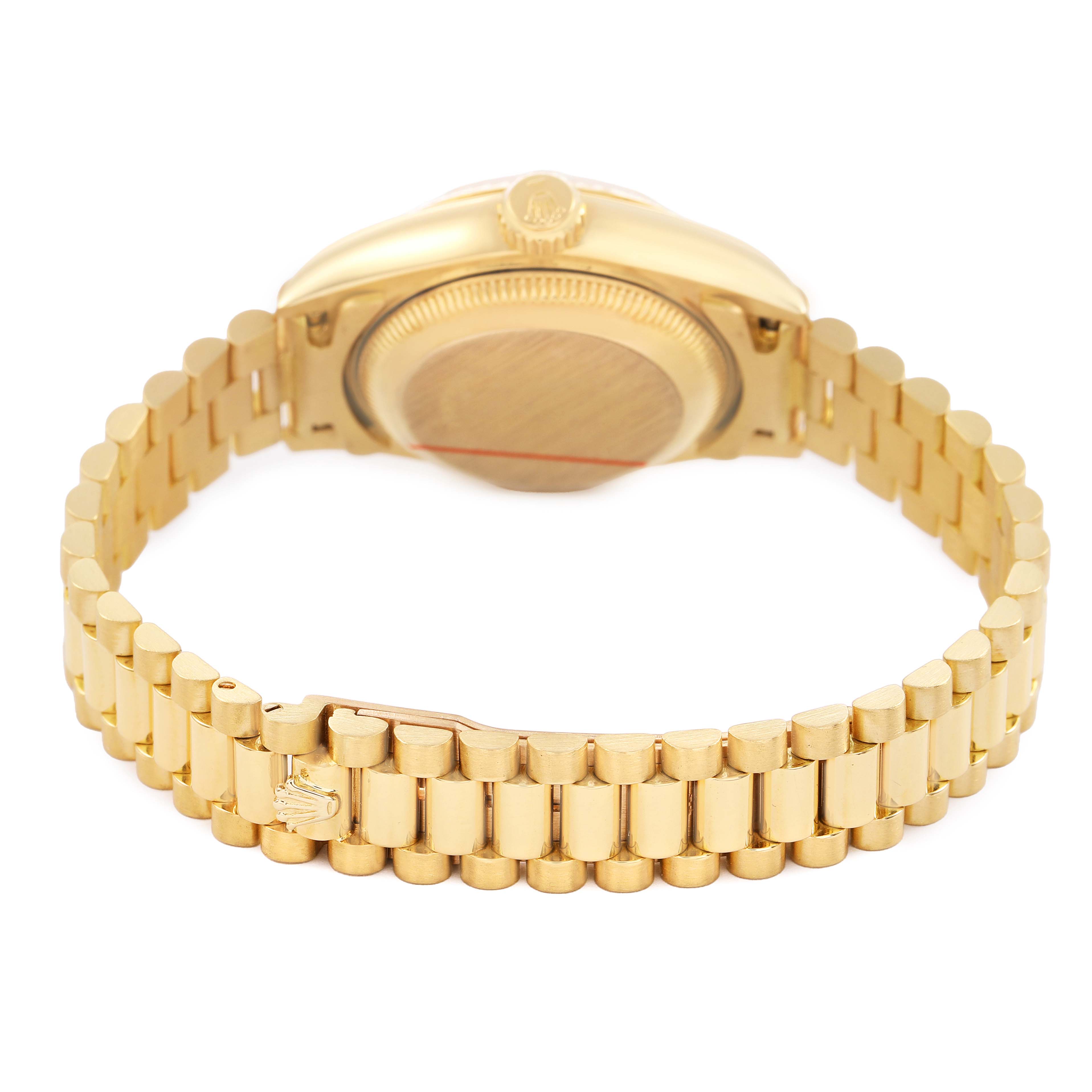 The image shows the backside and bracelet of a Rolex President 69178 Women's Yellow Gold Champagne Dial model, highlighting the clasp and case back.