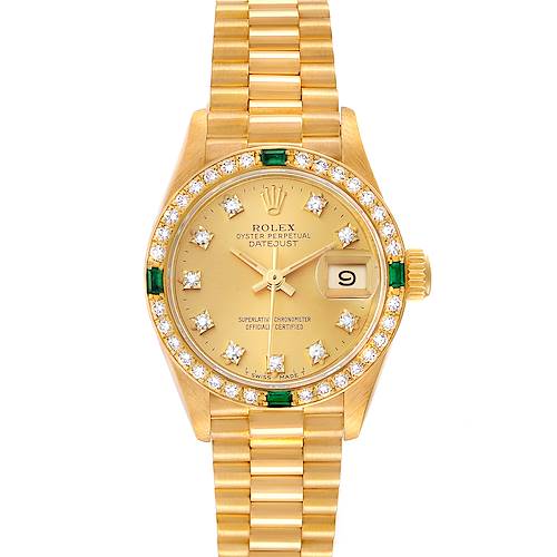 Photo of Rolex President Datejust Yellow Gold Diamond Emerald Watch 69078 Box Papers