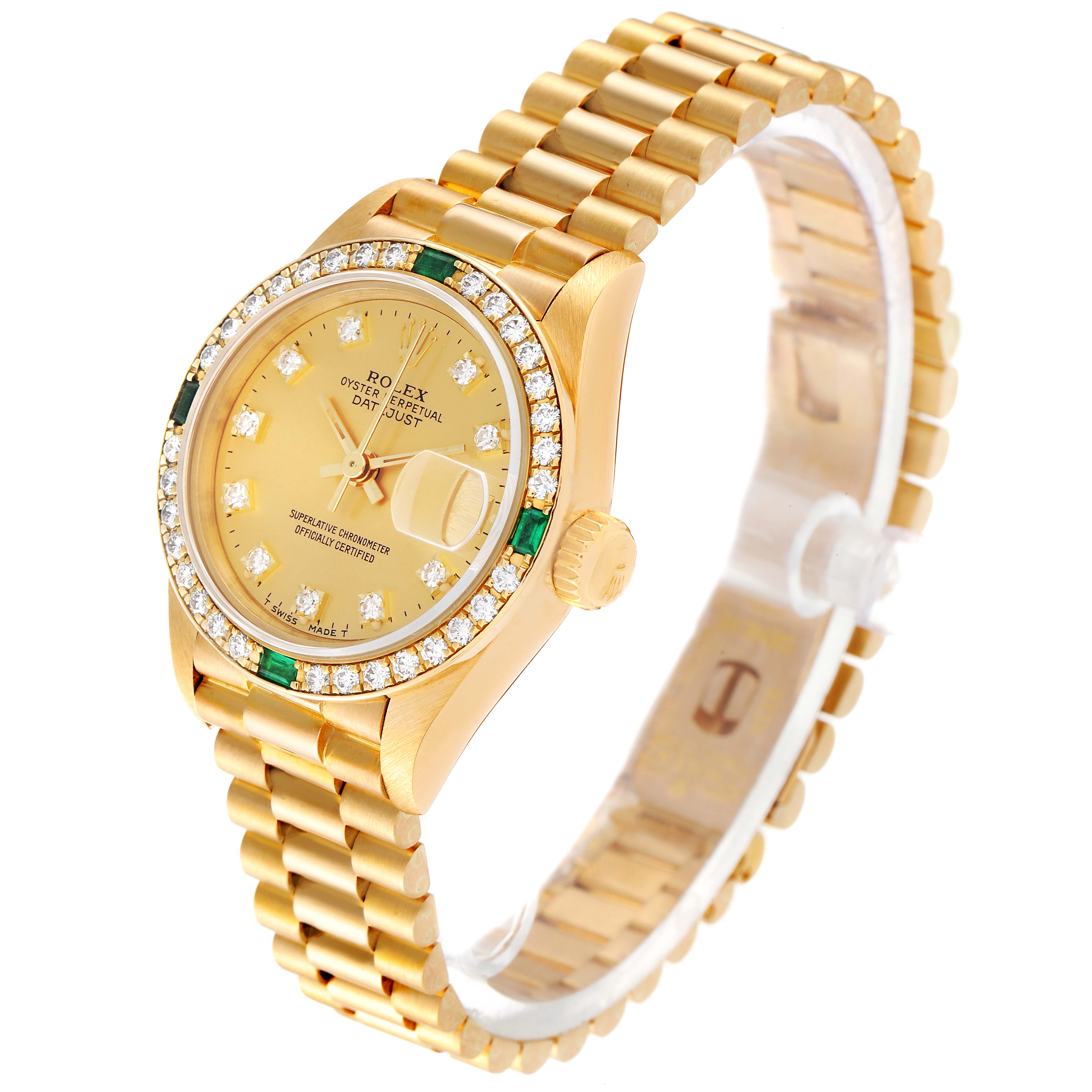 The image shows a Rolex President 69078 Women's Yellow Gold Champagne Dial 69078 Women's Yellow Gold Champagne Dial model watch at a three-quarter angle, highlighting its gold bracelet, diamond-encrusted bezel, and date window.