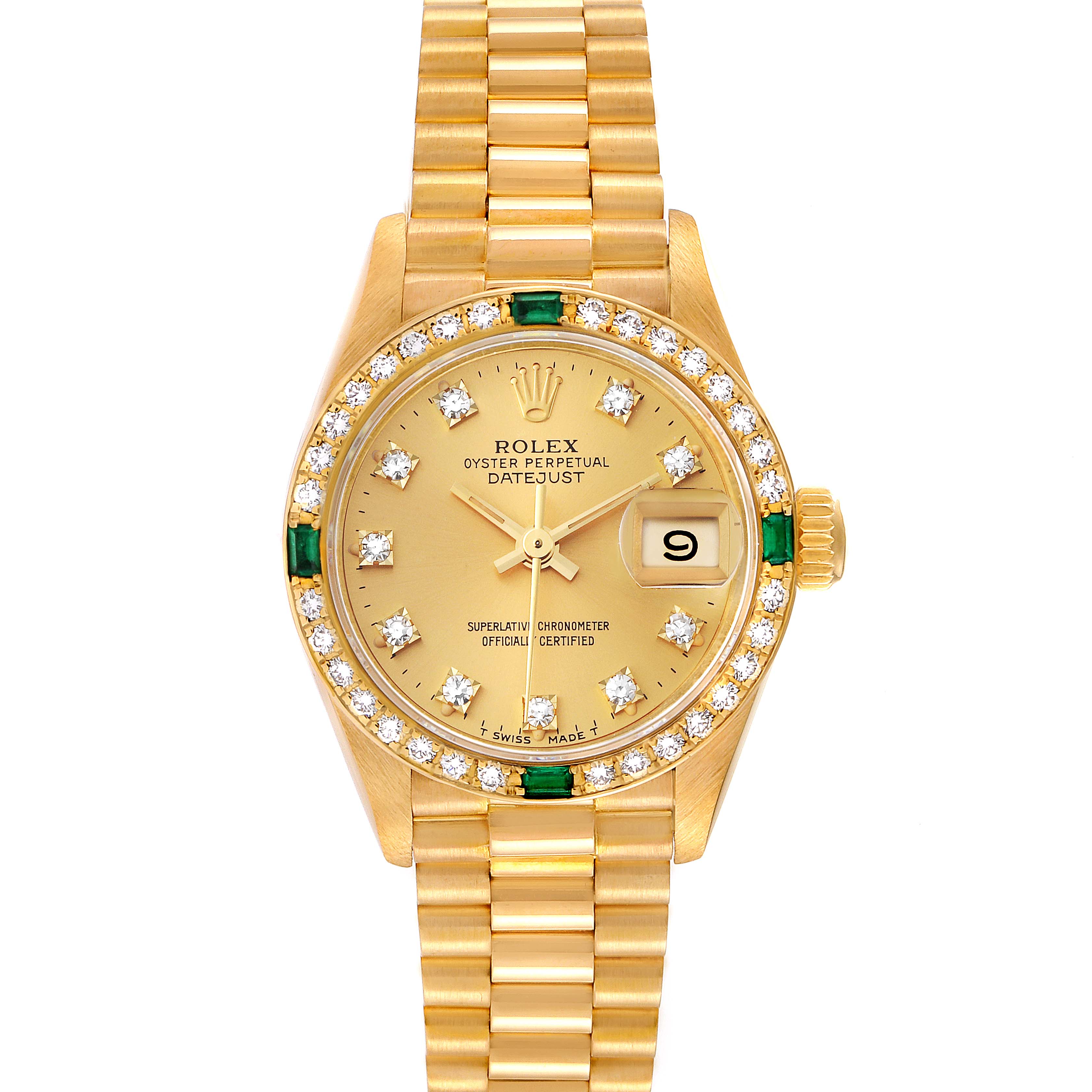 The image shows a frontal view of the Rolex President 69078 Women's Yellow Gold Champagne Dial 69078 Women's Yellow Gold Champagne Dial Datejust watch, highlighting its gold bracelet, diamond bezel, and date window.