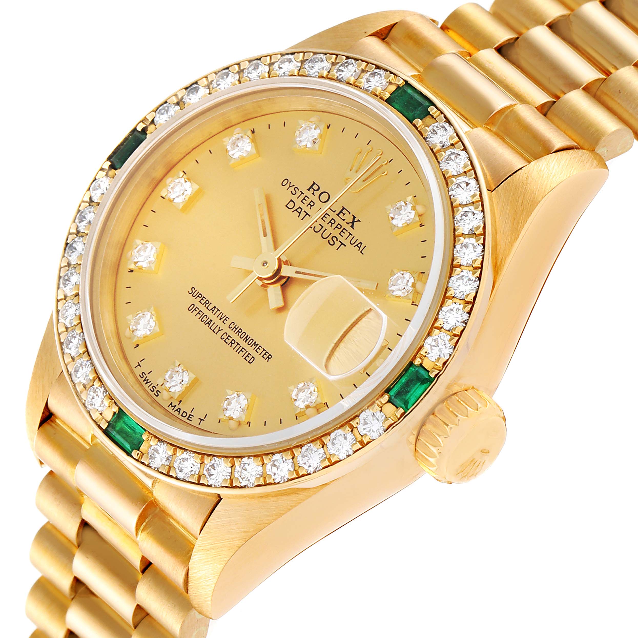 The image shows an angled view of a Rolex President 69078 Women's Yellow Gold Champagne Dial 69078 Women's Yellow Gold Champagne Dial model watch featuring its gold dial, diamond bezel, and part of its bracelet.