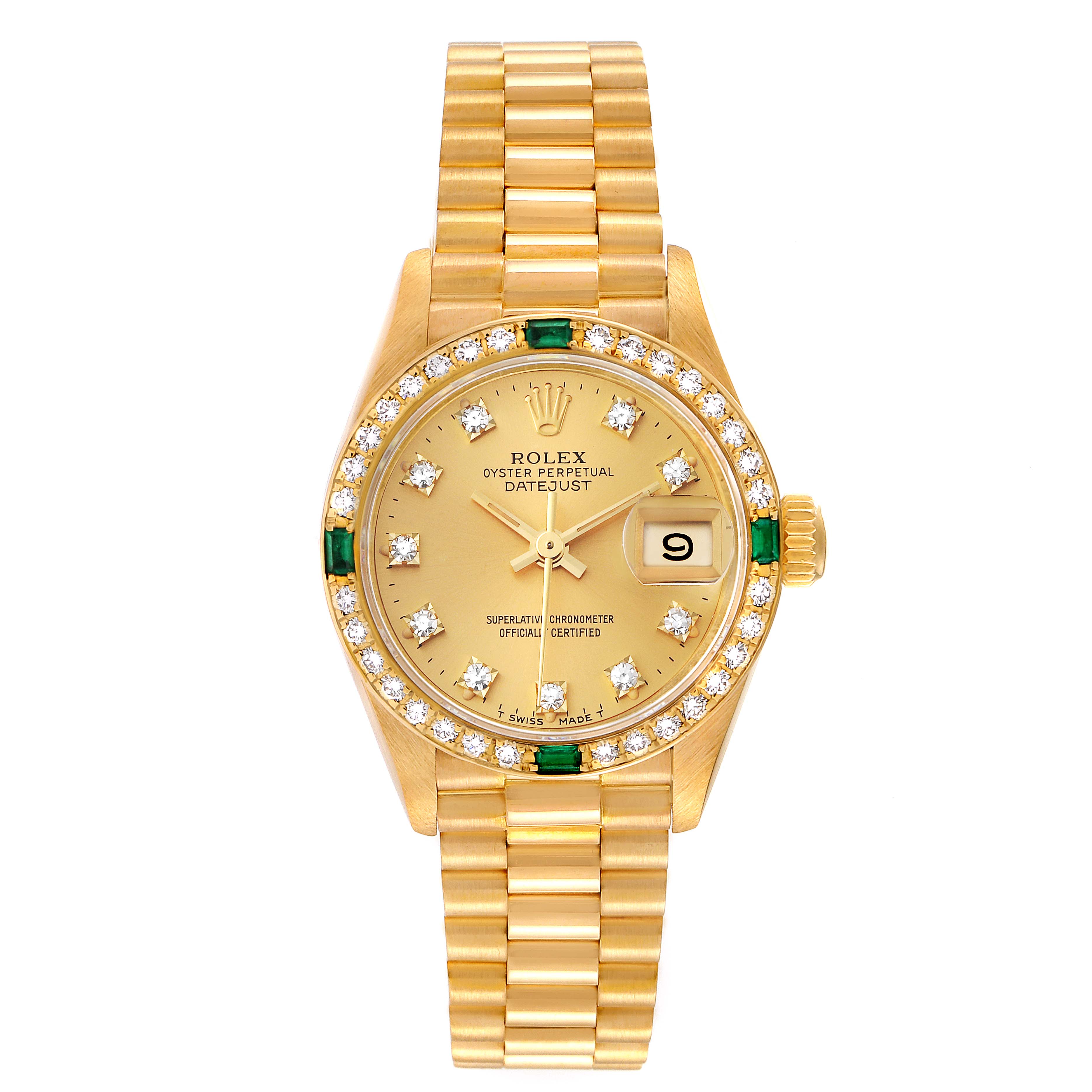 This image shows a front view of the Rolex President 69078 Women's Yellow Gold Champagne Dial 69078 Women's Yellow Gold Champagne Dial model watch, highlighting its dial, bezel, and bracelet.