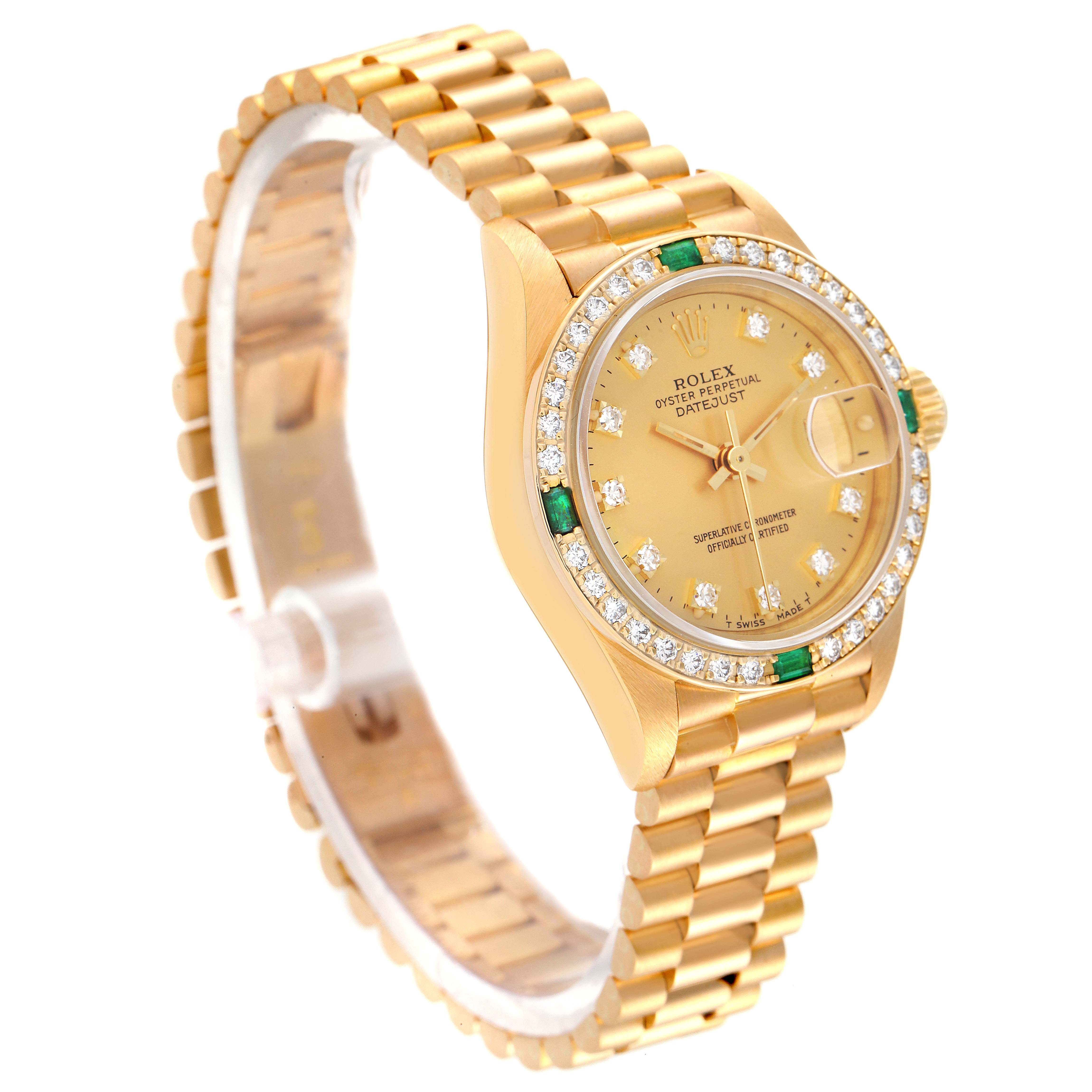 The image shows a Rolex President 69078 Women's Yellow Gold Champagne Dial 69078 Women's Yellow Gold Champagne Dial model watch angled to display the face, bezel, crown, and part of the bracelet.