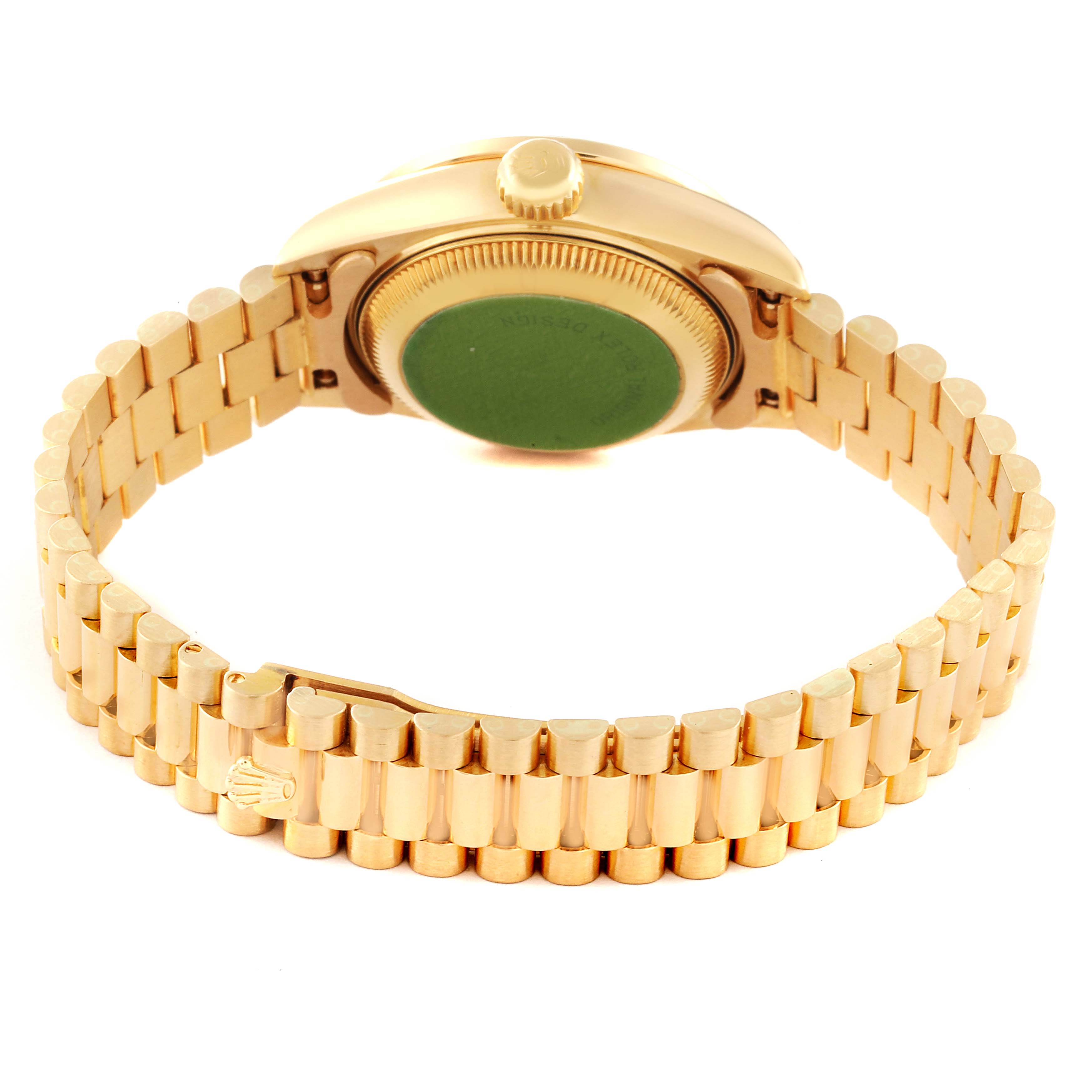 The image shows the back side, including the clasp and case back, of a Rolex President 69078 Women's Yellow Gold Champagne Dial 69078 Women's Yellow Gold Champagne Dial model watch.