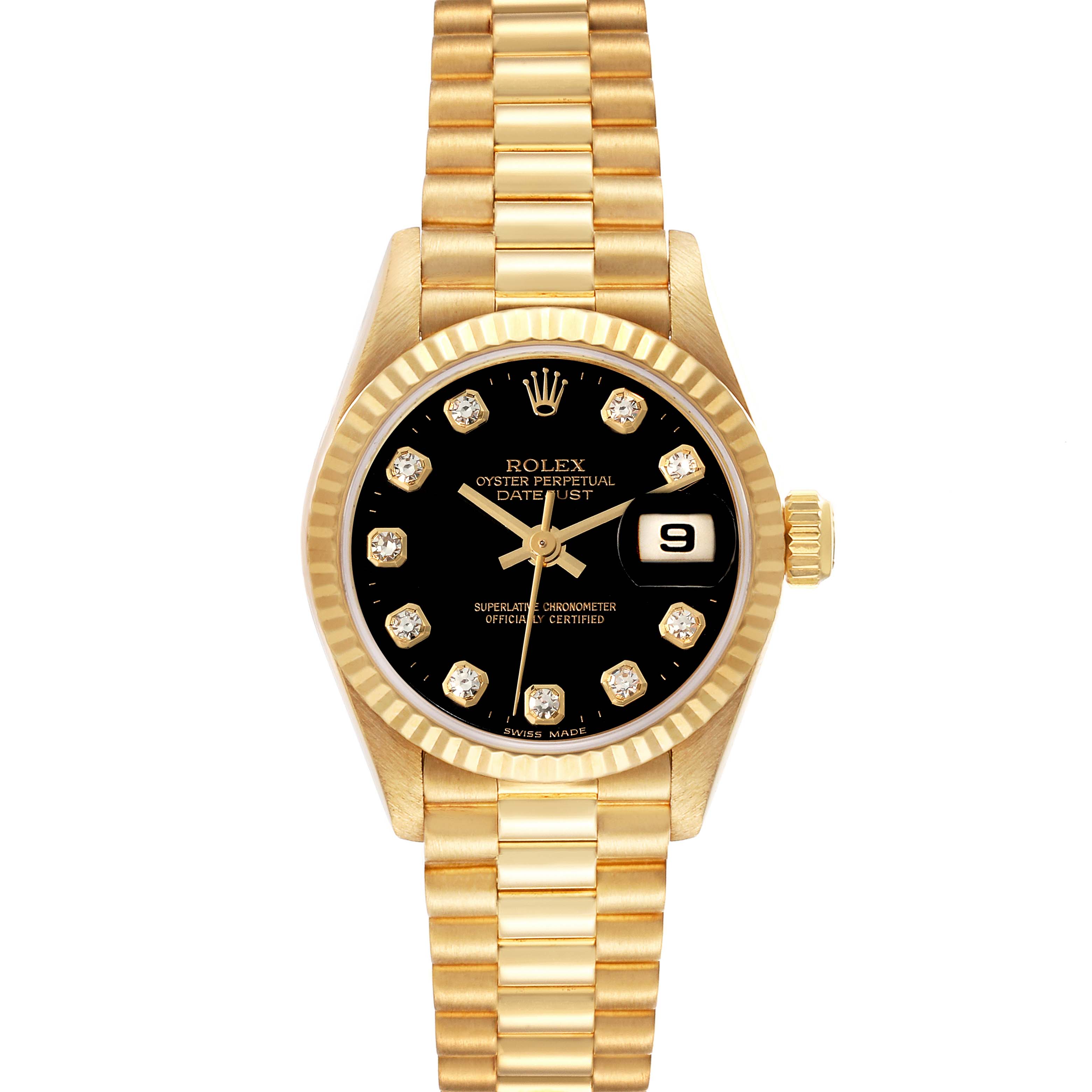 The image shows a frontal view of a Rolex President 79178 Women's Yellow Gold Black Dial 79178 Women's Yellow Gold Black Dial model watch featuring a gold band, black dial, and date window.