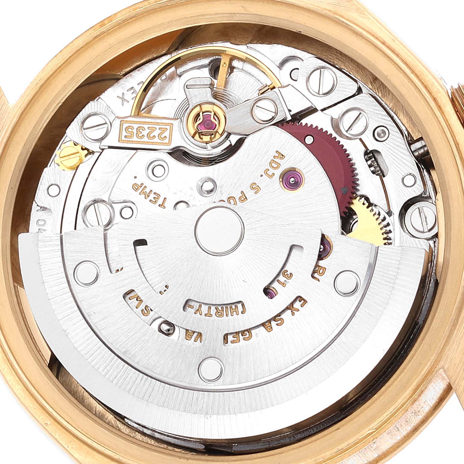 This image shows a close-up view of the movement inside a Rolex President 79178 Women's Yellow Gold Black Dial 79178 Women's Yellow Gold Black Dial model watch.