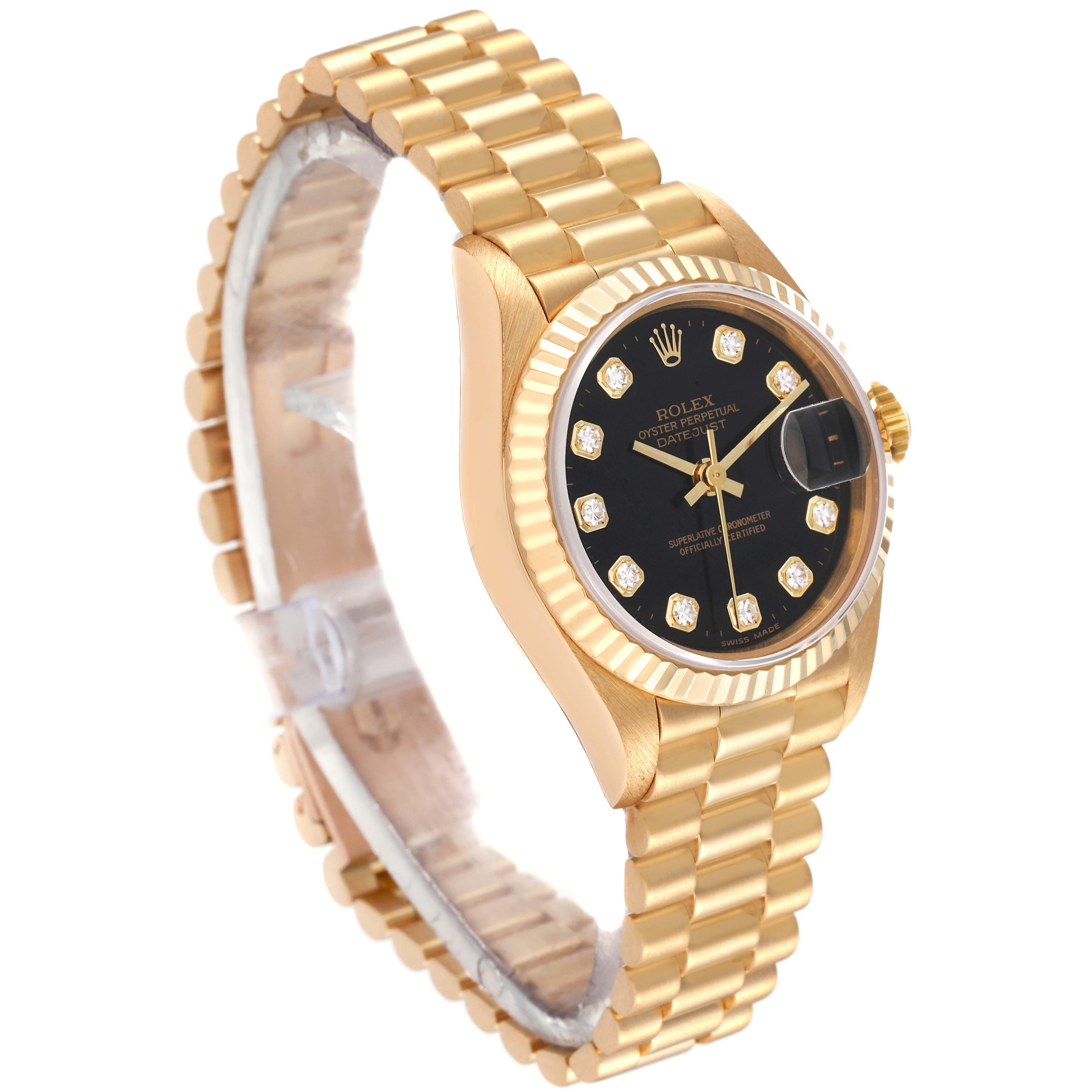This image shows a Rolex President 79178 Women's Yellow Gold Black Dial 79178 Women's Yellow Gold Black Dial model watch at an angled side view, highlighting the gold bracelet, black dial, and diamond hour markers.