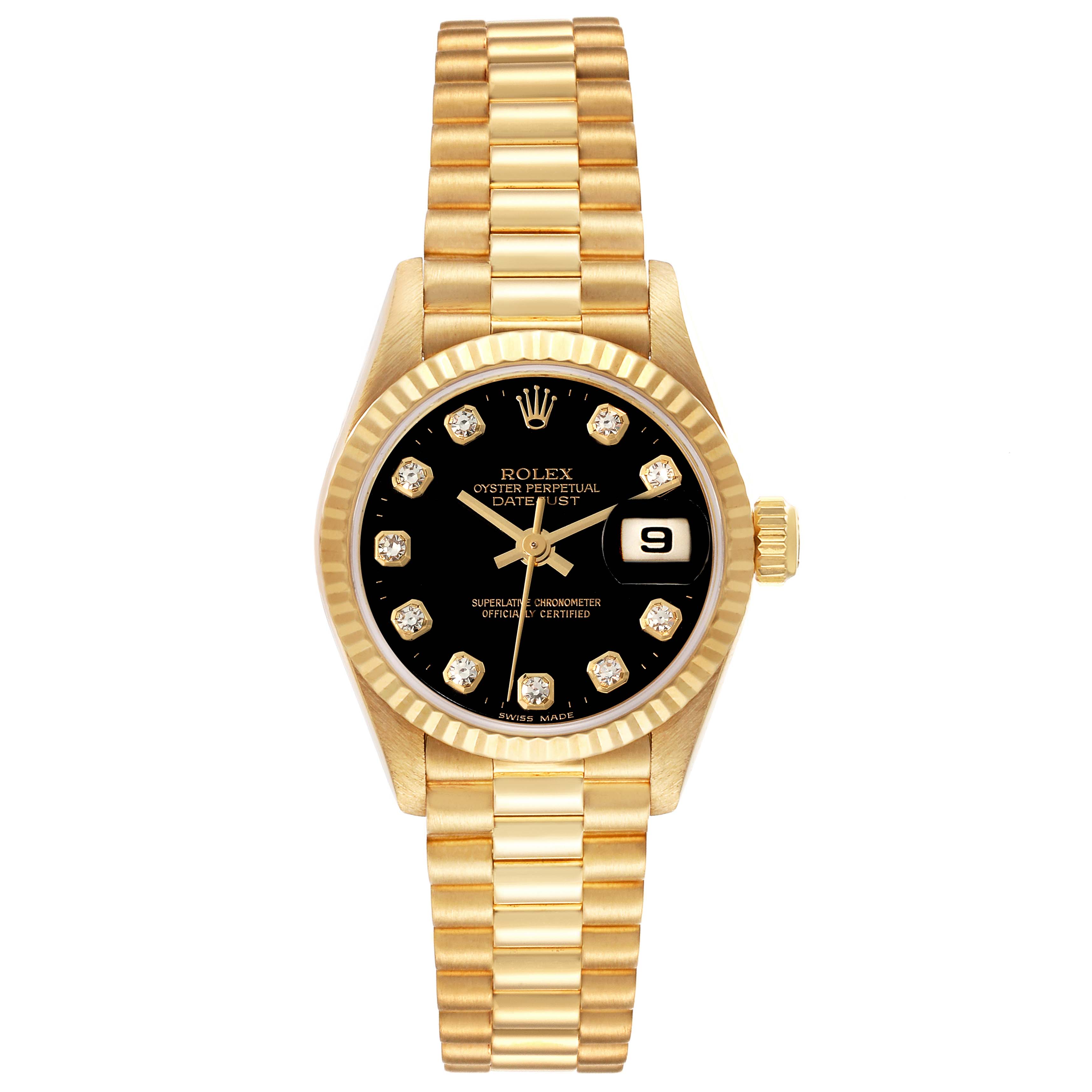 This is a Rolex President 79178 Women's Yellow Gold Black Dial 79178 Women's Yellow Gold Black Dial model watch showing a full frontal view of the bracelet, dial, hands, and date window.