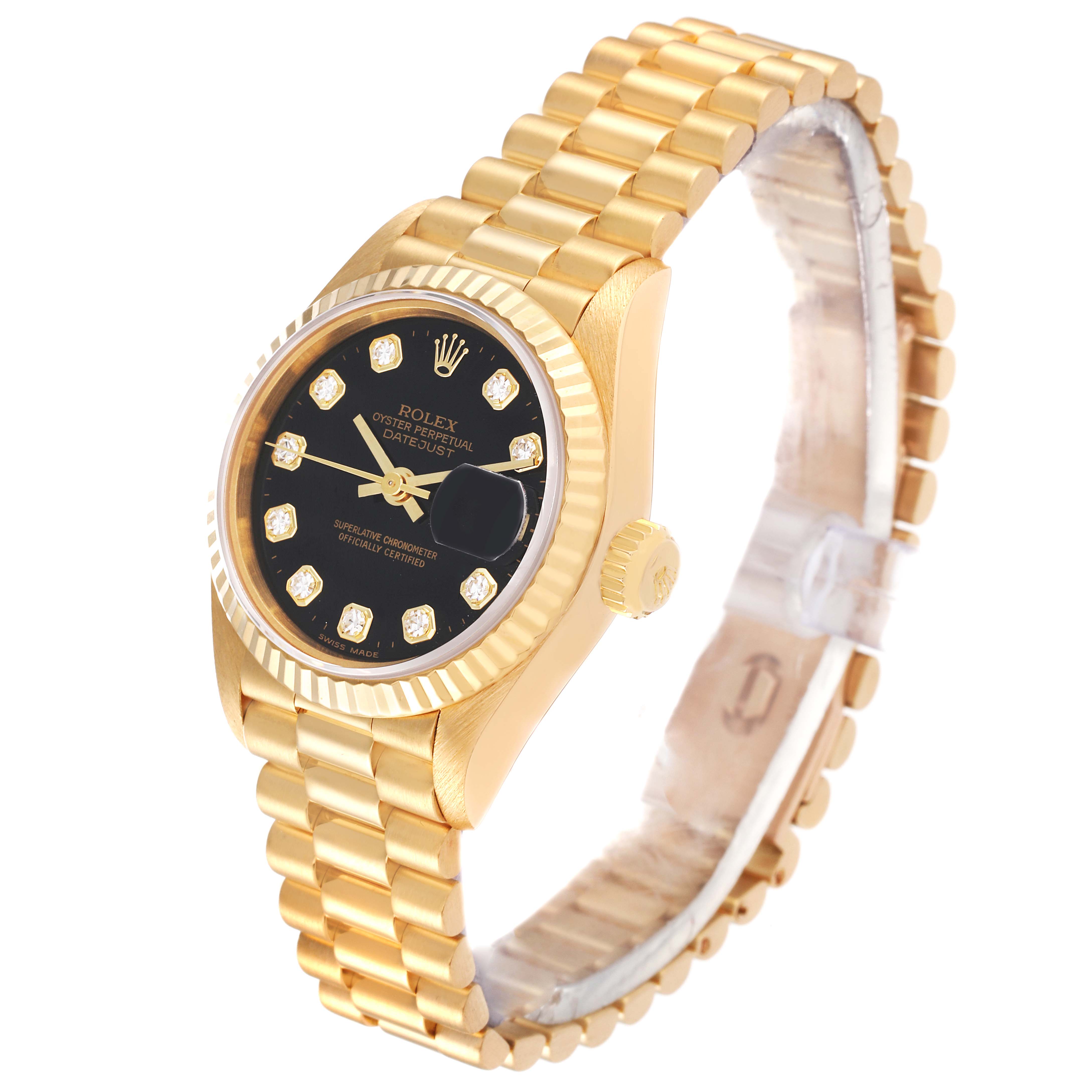 The Rolex President 79178 Women's Yellow Gold Black Dial 79178 Women's Yellow Gold Black Dial model watch is shown from a slight angle, displaying the face, bezel, crown, and bracelet.