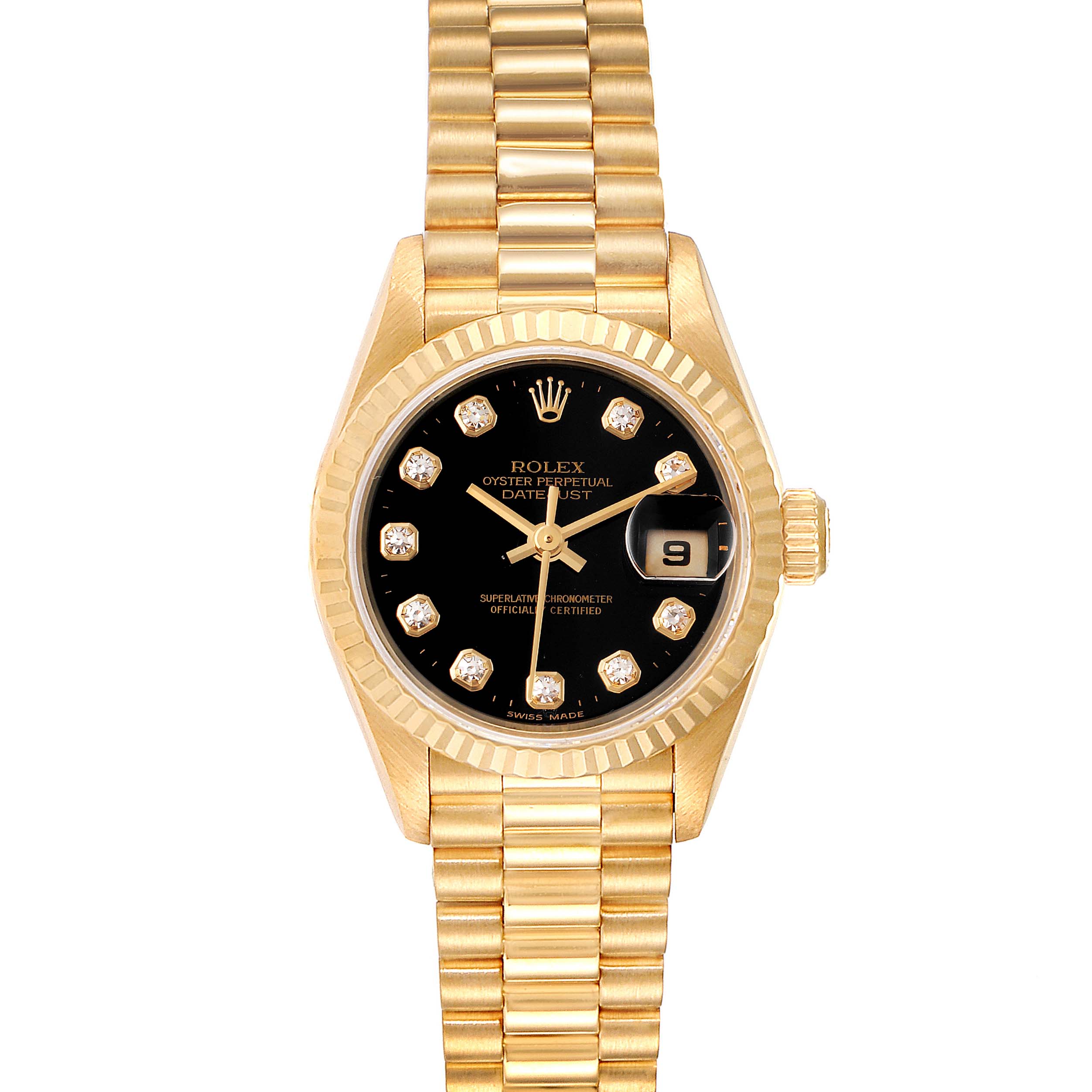 This image shows a front view of a Rolex President 79178 Women's Yellow Gold Black Dial 79178 Women's Yellow Gold Black Dial model watch, highlighting its black dial, gold bezel, and bracelet.