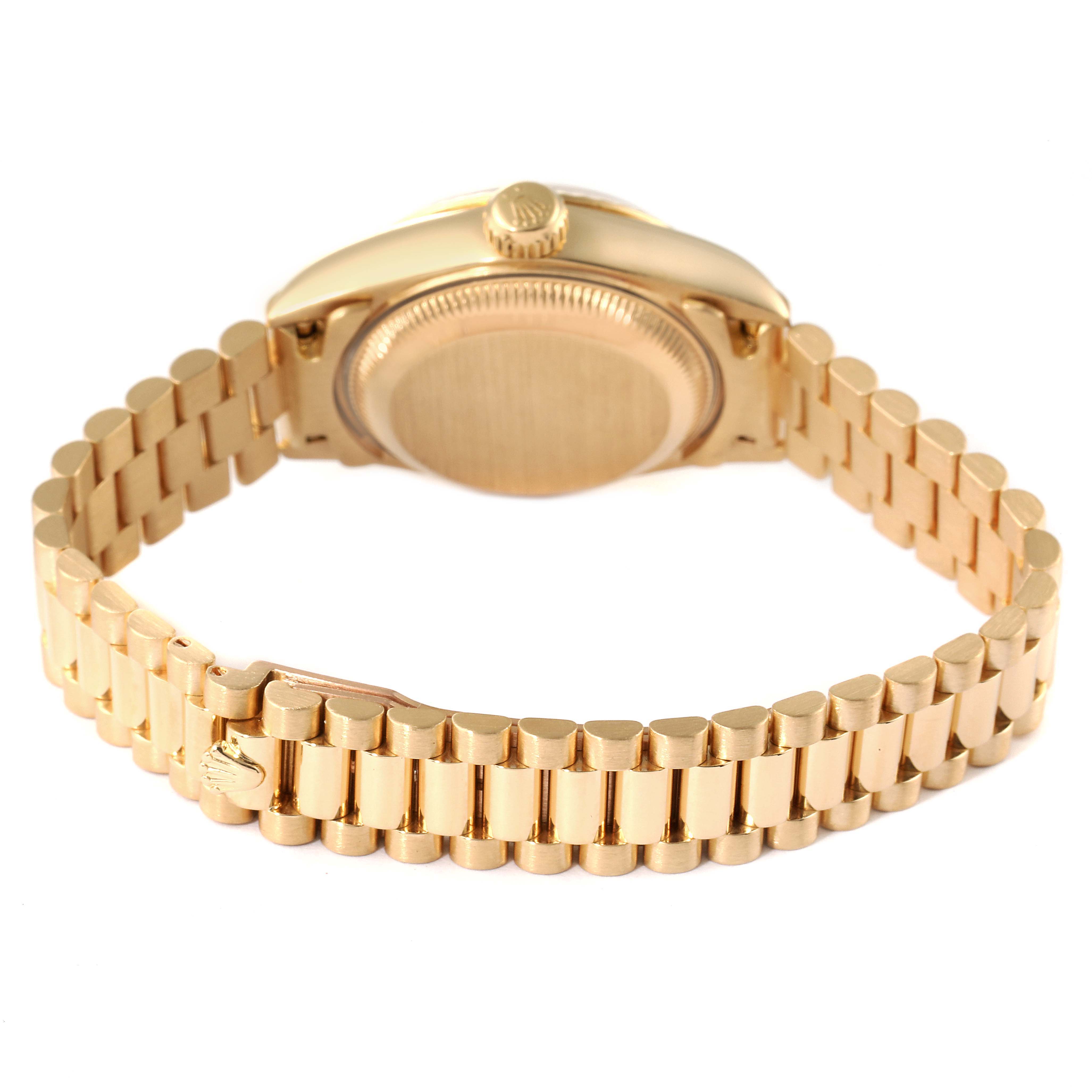 The image shows the back and bracelet of a Rolex President 79178 Women's Yellow Gold Black Dial 79178 Women's Yellow Gold Black Dial model watch, viewed from a slightly elevated rear angle.