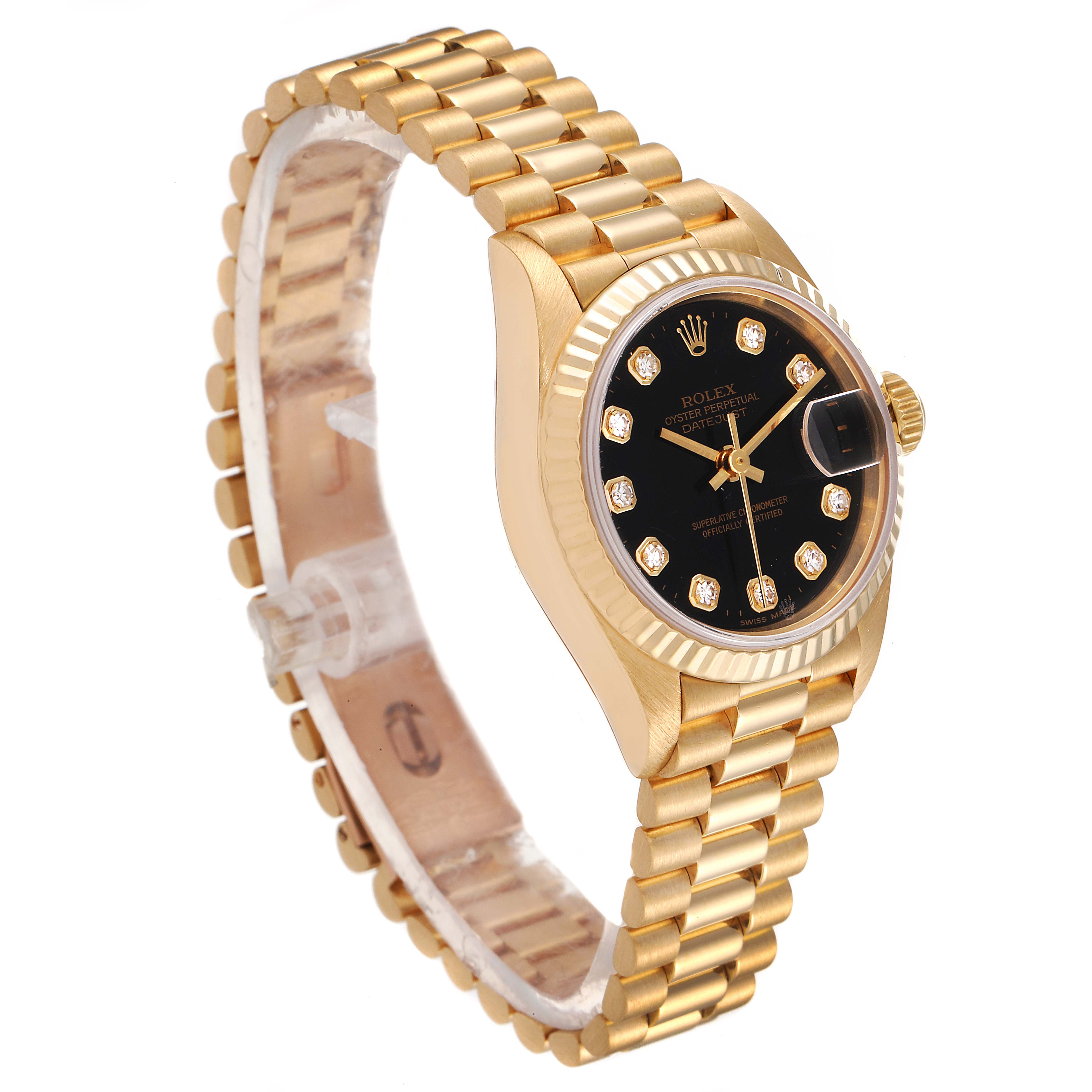 The image shows a diagonal view of a Rolex President 79178 Women's Yellow Gold Black Dial 79178 Women's Yellow Gold Black Dial model watch displaying its gold case, black dial, and gold bracelet.