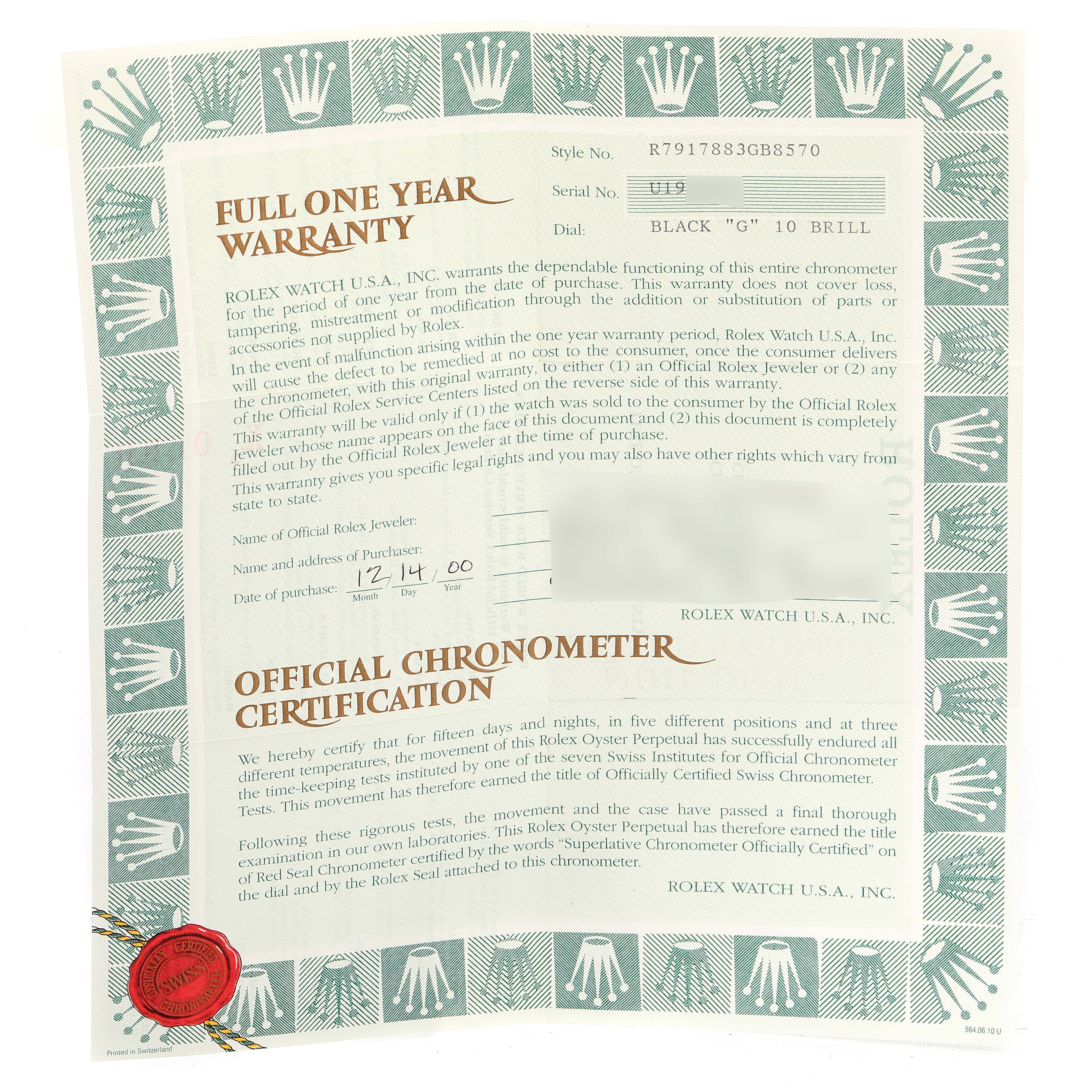 The image shows a full warranty and chronometer certification document for a Rolex President 79178 Women's Yellow Gold Black Dial 79178 Women's Yellow Gold Black Dial model watch.