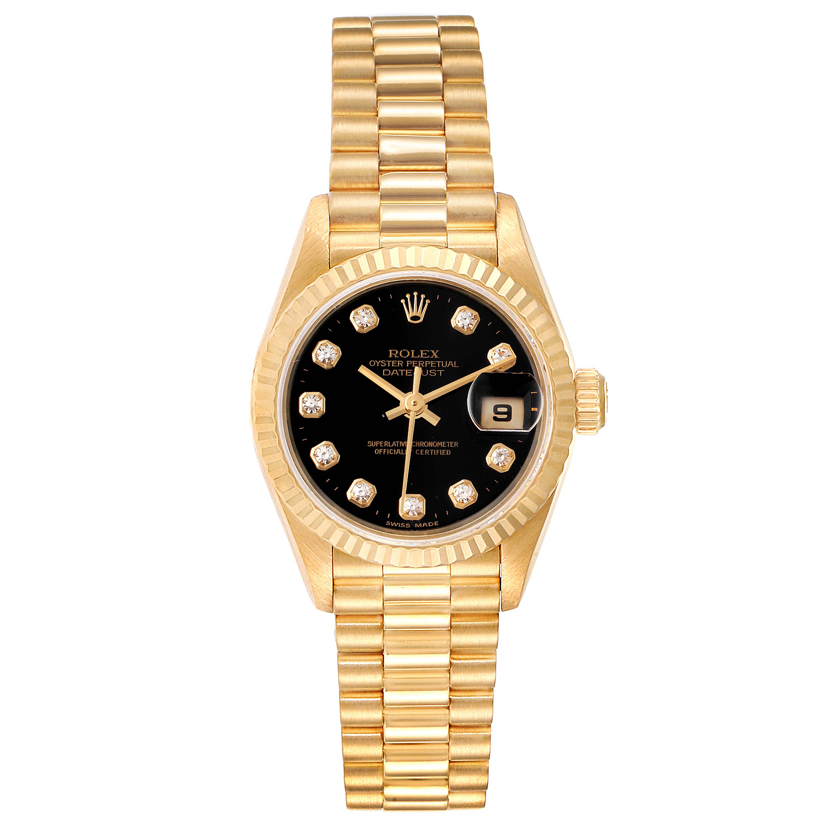 The image shows a frontal view of a Rolex President 79178 Women's Yellow Gold Black Dial 79178 Women's Yellow Gold Black Dial model watch, displaying the face, bracelet, and the date feature.
