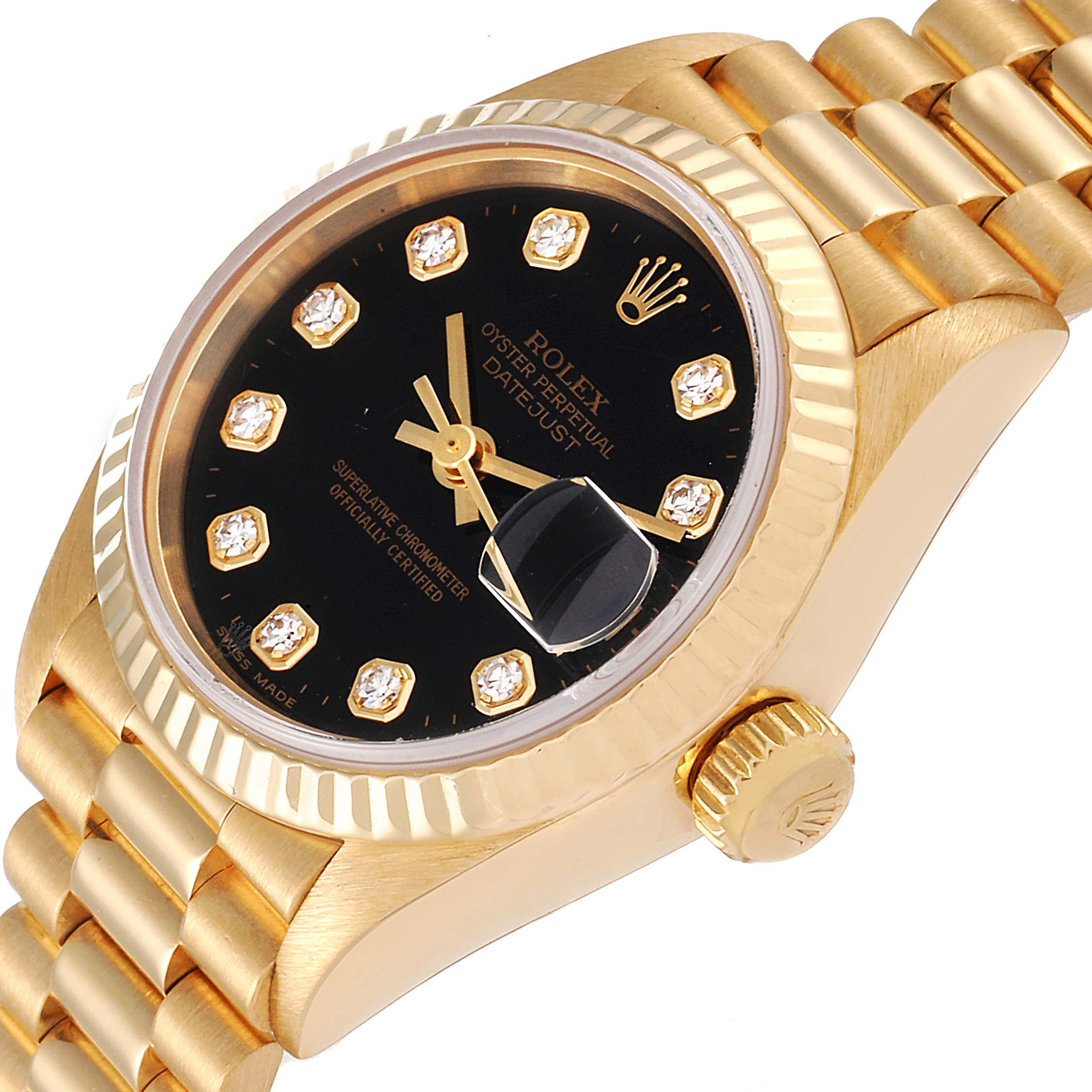 The image shows a Rolex President 79178 Women's Yellow Gold Black Dial 79178 Women's Yellow Gold Black Dial model watch from a slight side angle, highlighting its black dial, gold casing, diamond markers, and bracelet.