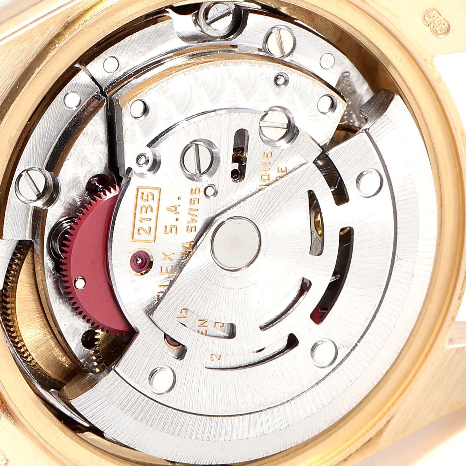 Close-up of the movement mechanism in a Rolex President 69178 Women's Yellow Gold Black Dial 69178 Women's Yellow Gold Black Dial model watch.