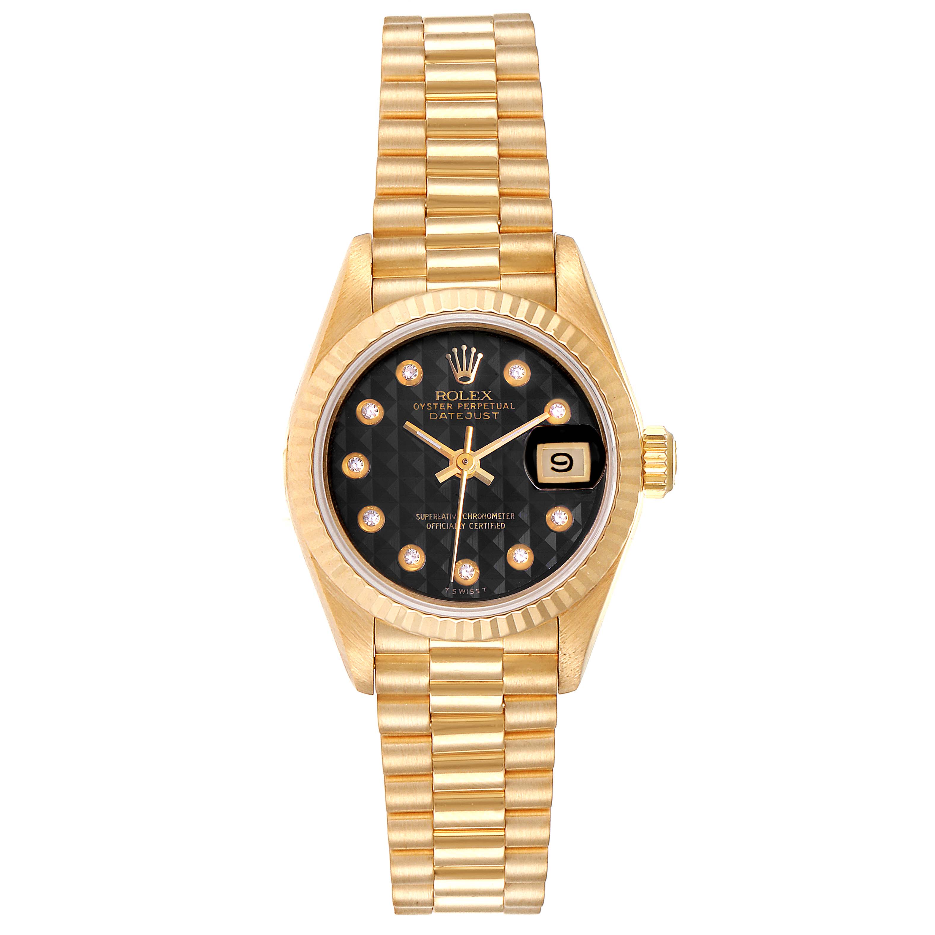 This is a Rolex President 69178 Women's Yellow Gold Black Dial 69178 Women's Yellow Gold Black Dial model watch shown from the front, featuring a gold bracelet and a black dial with a date function.