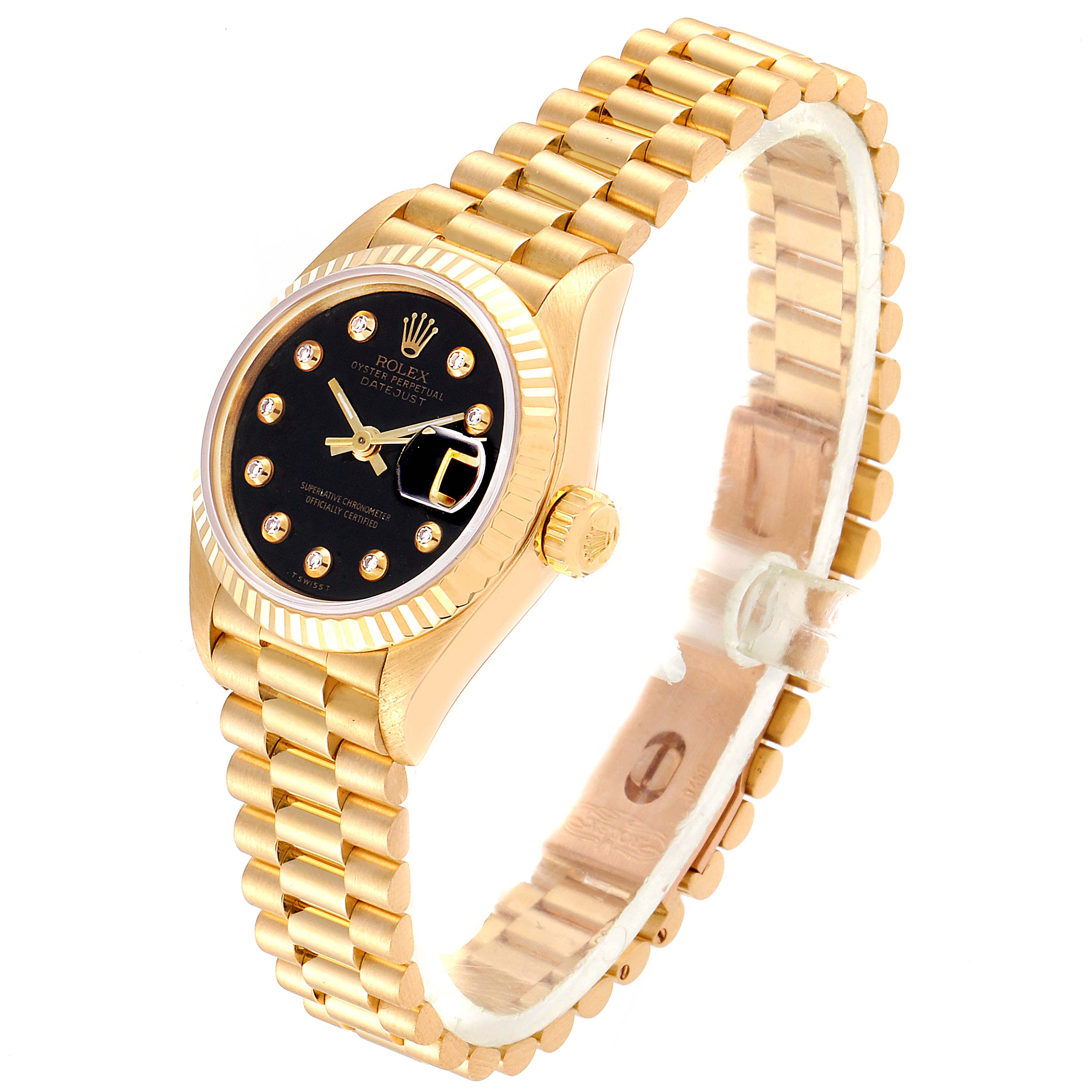 The image shows a gold Rolex President 69178 Women's Yellow Gold Black Dial 69178 Women's Yellow Gold Black Dial model watch at a slight angle, displaying the face, bezel, and part of the bracelet.