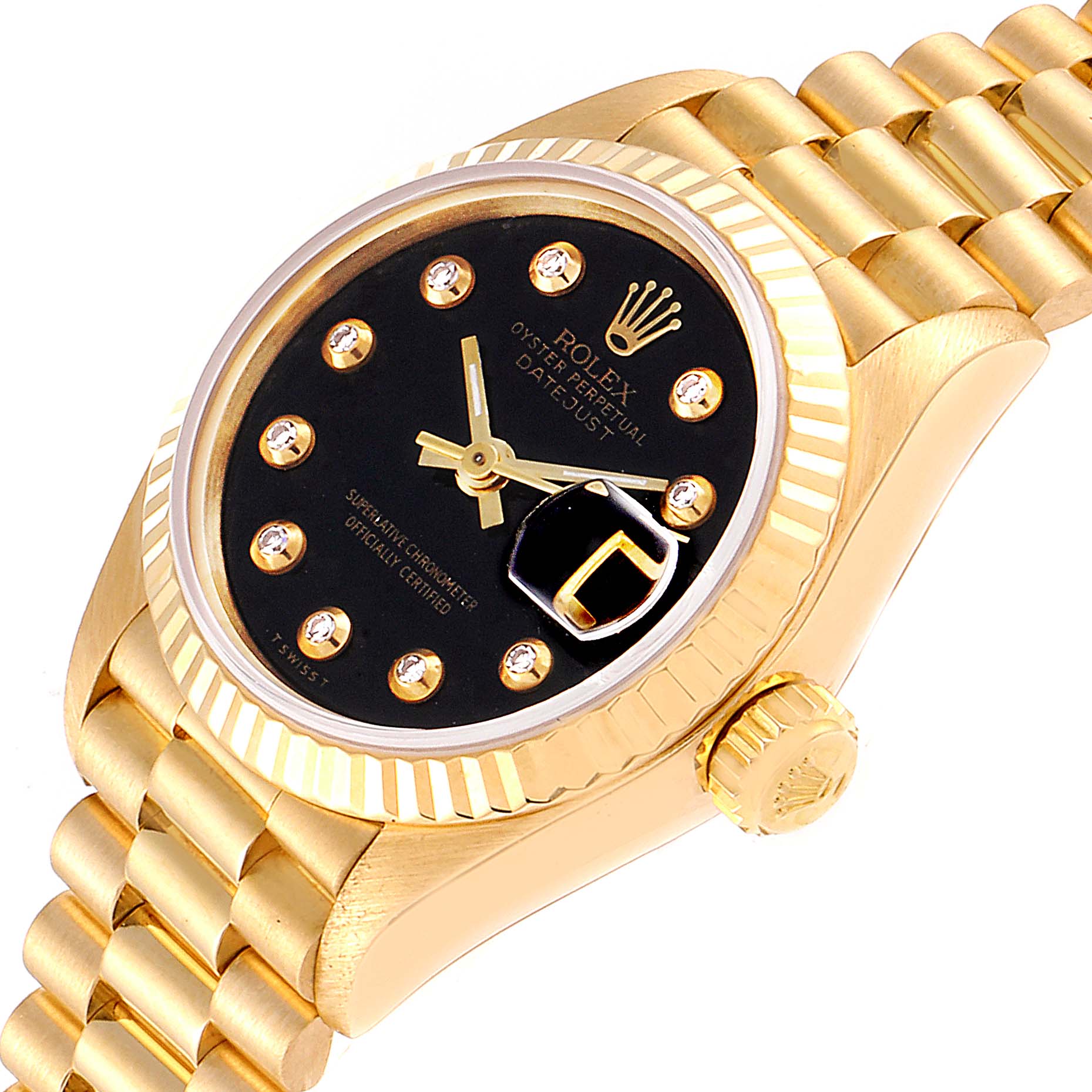 The image shows a Rolex President 69178 Women's Yellow Gold Black Dial 69178 Women's Yellow Gold Black Dial model watch at a slight angle, highlighting the dial, bezel, crown, and part of the bracelet.