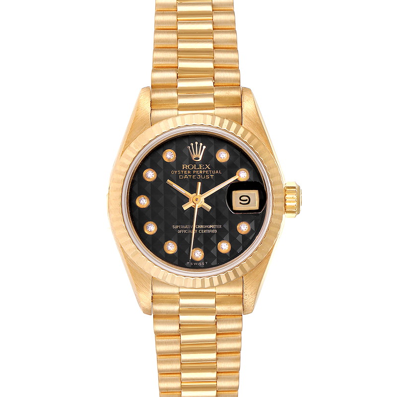 Rolex President Datejust Yellow Gold Onyx Diamond Dial Ladies Watch 69178 SwissWatchExpo