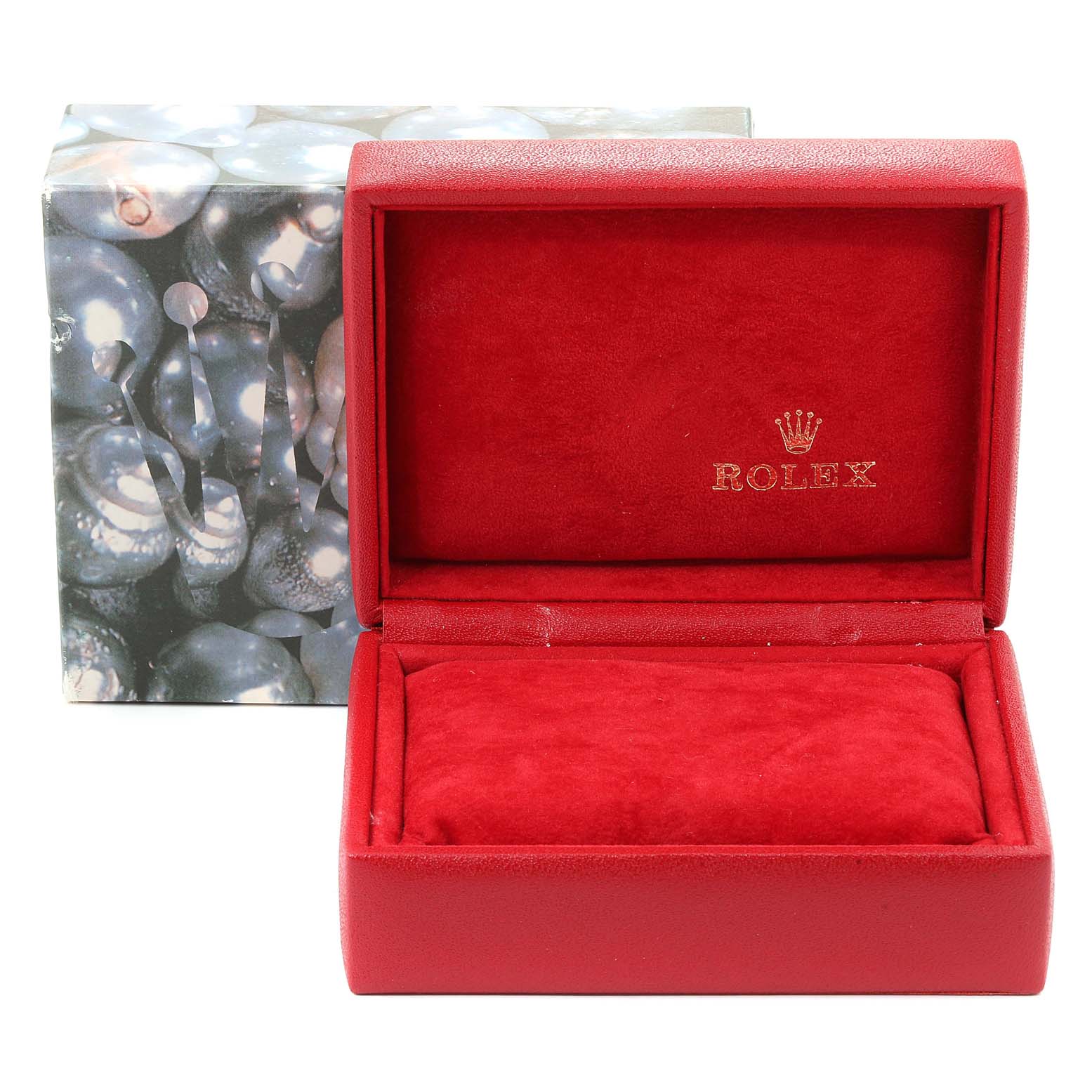 The image shows a red Rolex watch box for the President model, open to display the inner cushion and the Rolex logo.