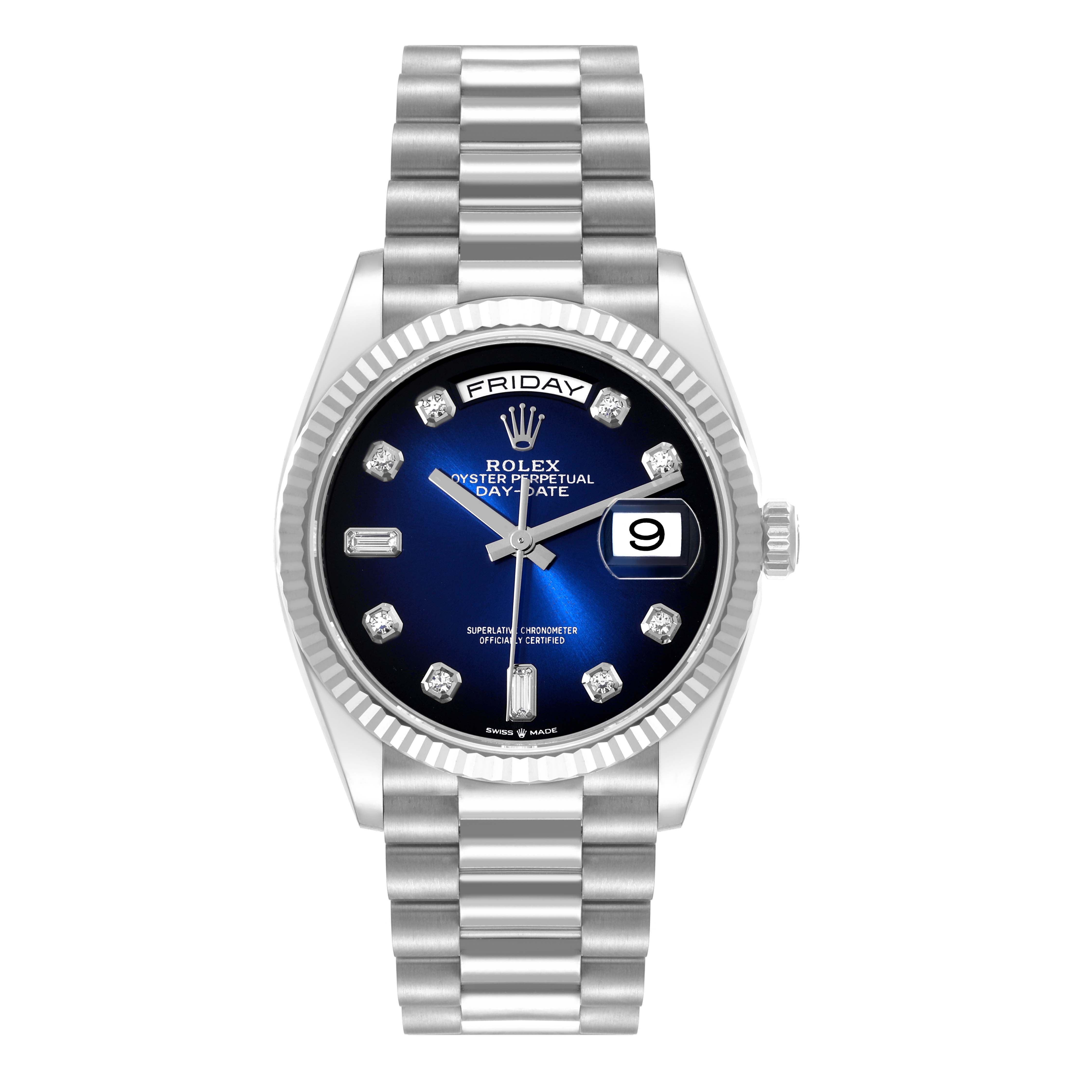 The Rolex President 128239 Men
s White Gold Blue Dial 128239 Men
s White Gold Blue Dial model watch is shown from a front angle, displaying its dial, fluted bezel, bracelet, and day-date features.