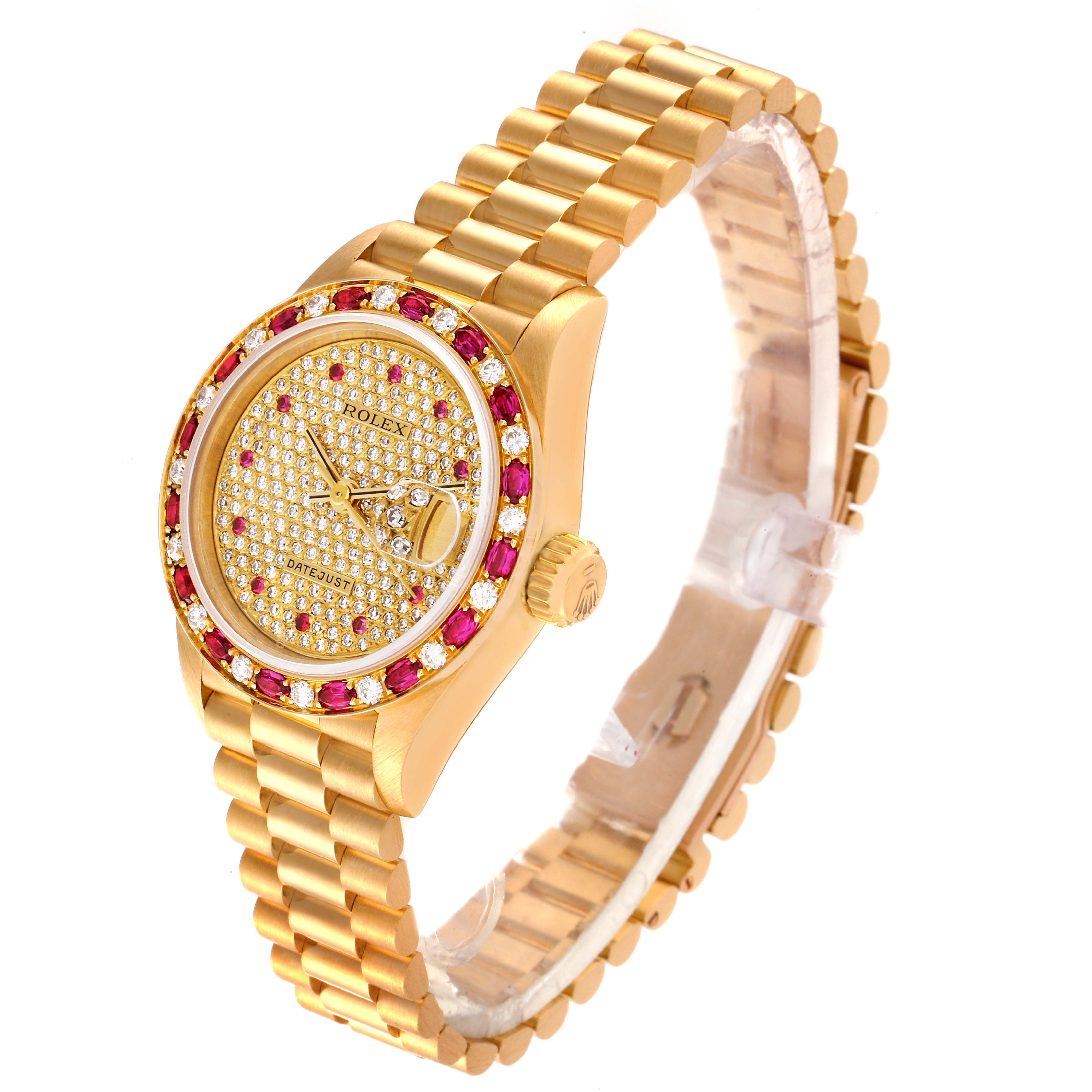 The Rolex President 69198 Women's Yellow Gold  69198 Women's Yellow Gold  model watch is shown from a three-quarter side angle highlighting the face, bezel, crown, and bracelet.