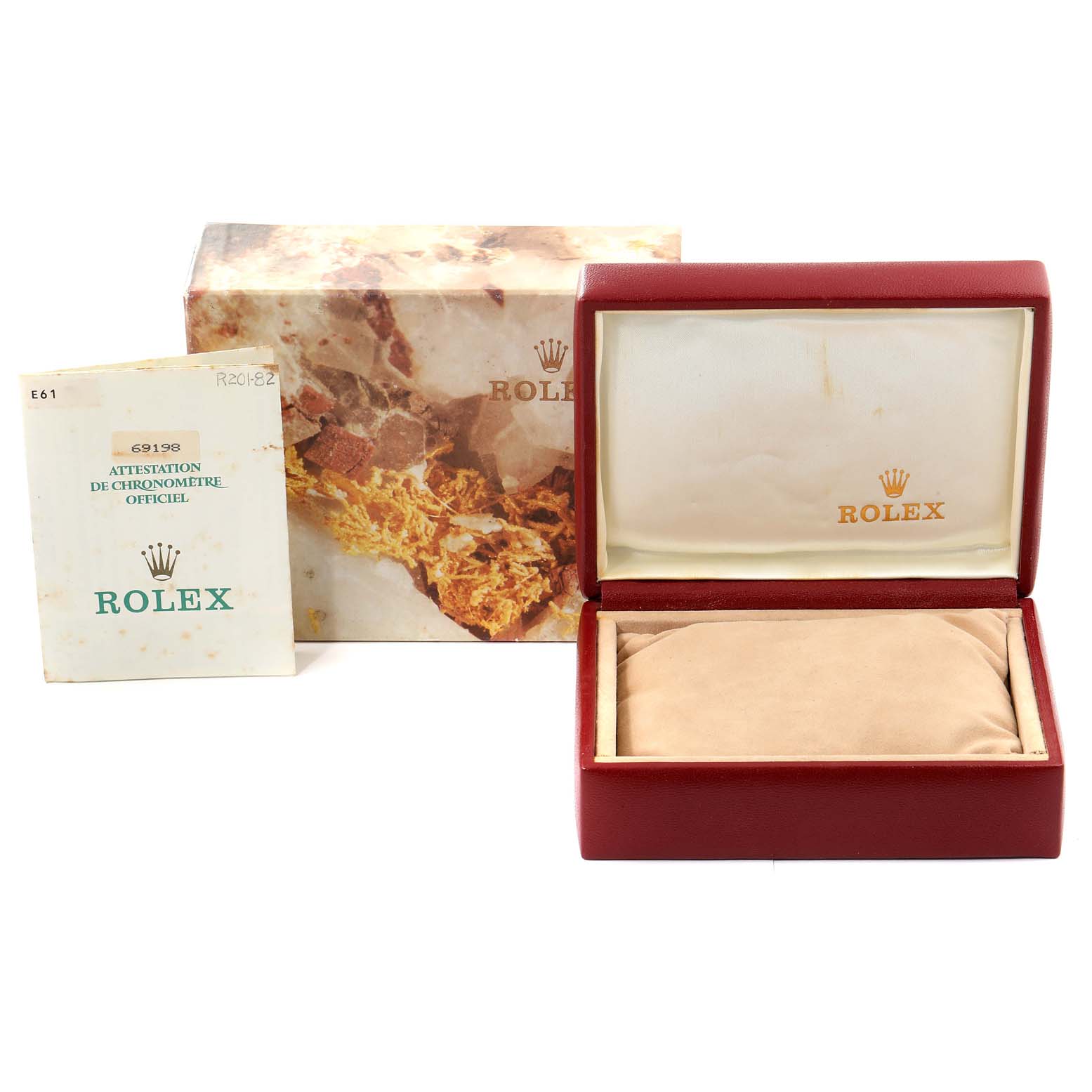 This image shows an empty Rolex President 69198 Women's Yellow Gold  69198 Women's Yellow Gold  model watch box, outer box, and official chronometer certificate.