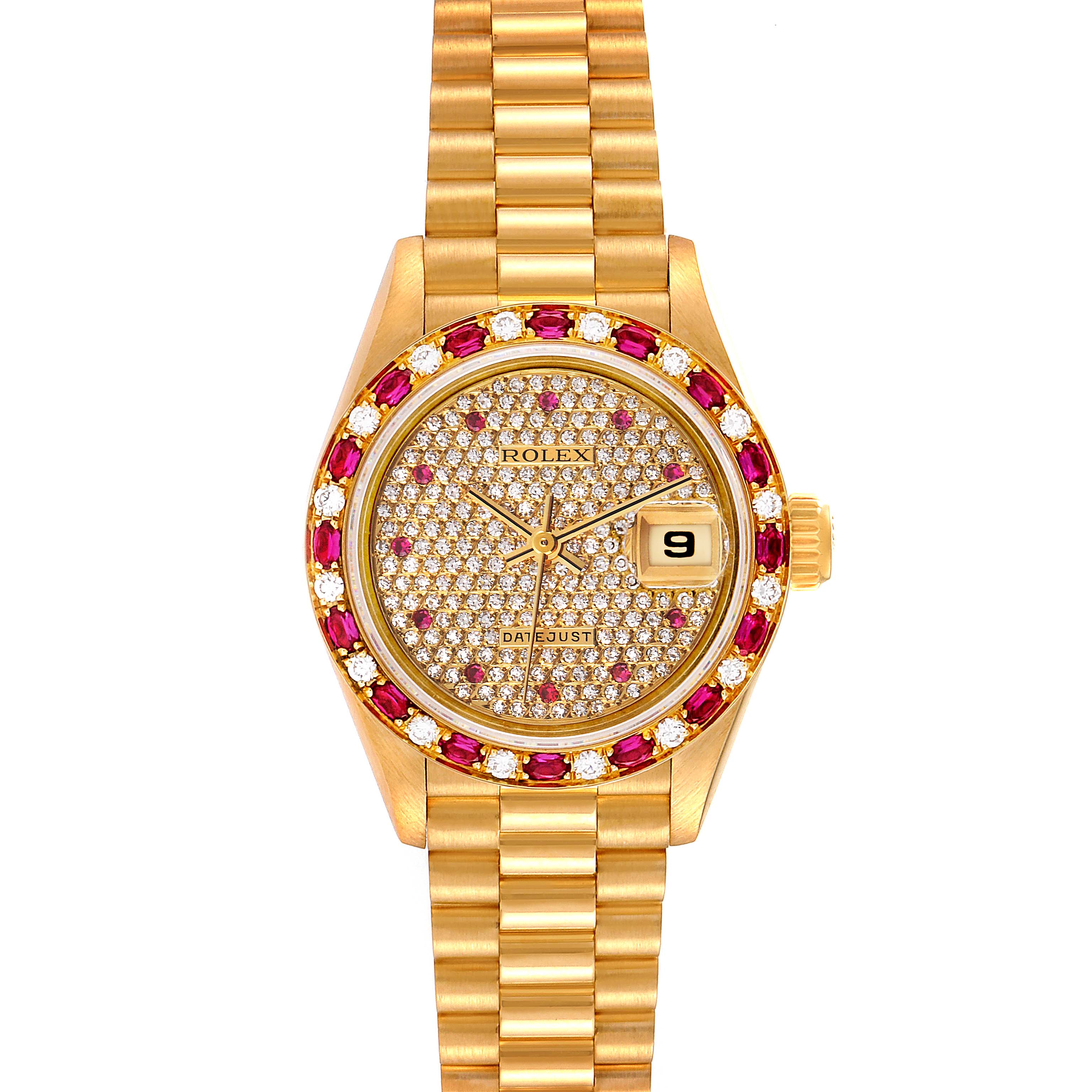 The image shows a Rolex President 69198 Women's Yellow Gold  69198 Women's Yellow Gold  model watch with a gold bracelet, diamond-studded dial, and a date display at 3 o'clock.