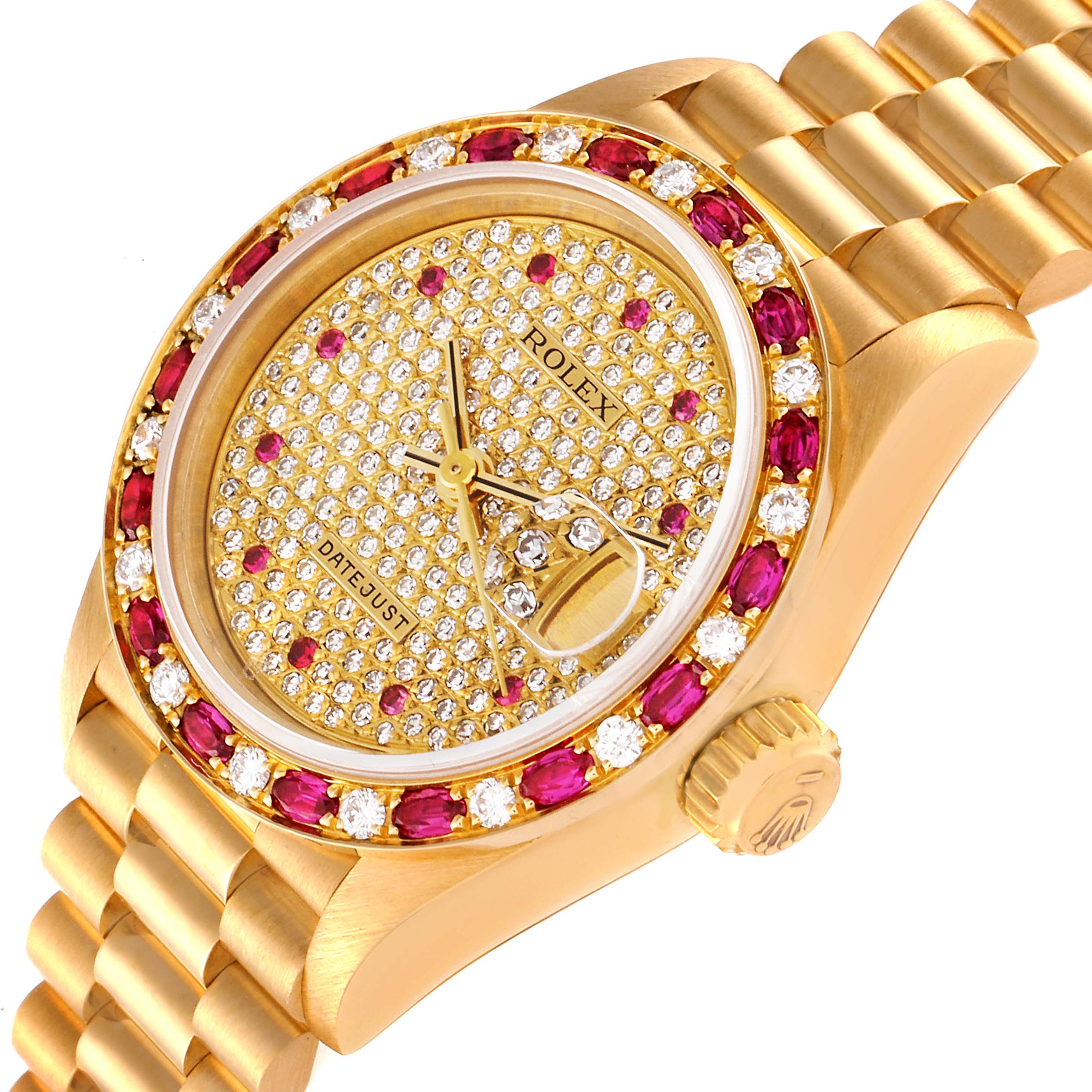 This Rolex President 69198 Women's Yellow Gold  69198 Women's Yellow Gold  model watch is shown at an angle, featuring a gold case, jeweled dial, and bracelet.