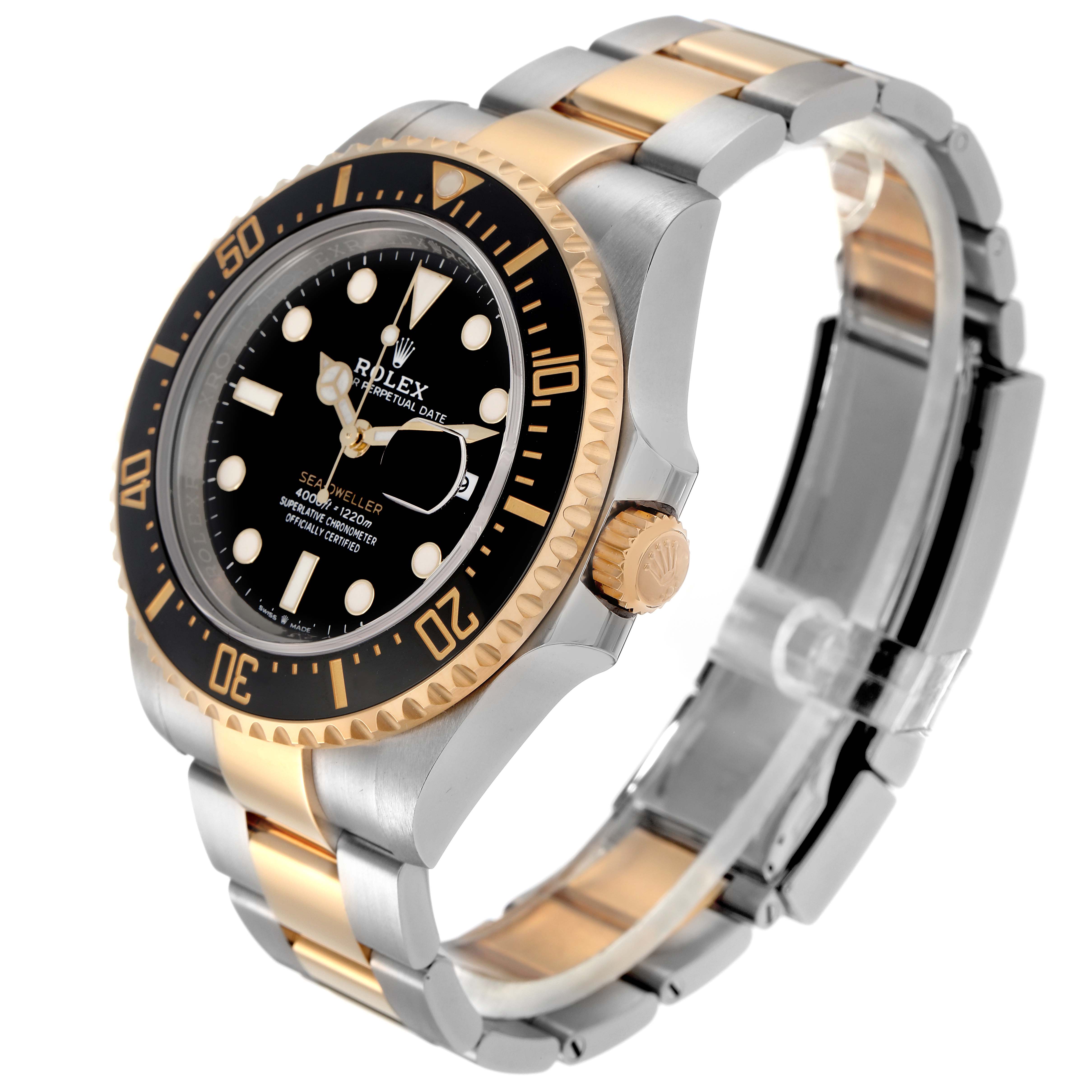 The Rolex Sea-Dweller 126603 Men
s Steel and Gold (two tone) Black Dial 126603 Men
s Steel and Gold (two tone) Black Dial watch is shown at a three-quarter angle, displaying the face, bezel, crown, and bracelet clearly.