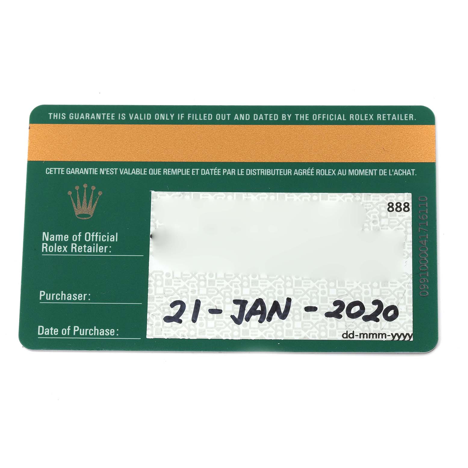 The image shows a guarantee card for a Rolex Sea-Dweller 126603 Men
s Steel and Gold (two tone) Black Dial 126603 Men
s Steel and Gold (two tone) Black Dial watch, displaying the purchase date.