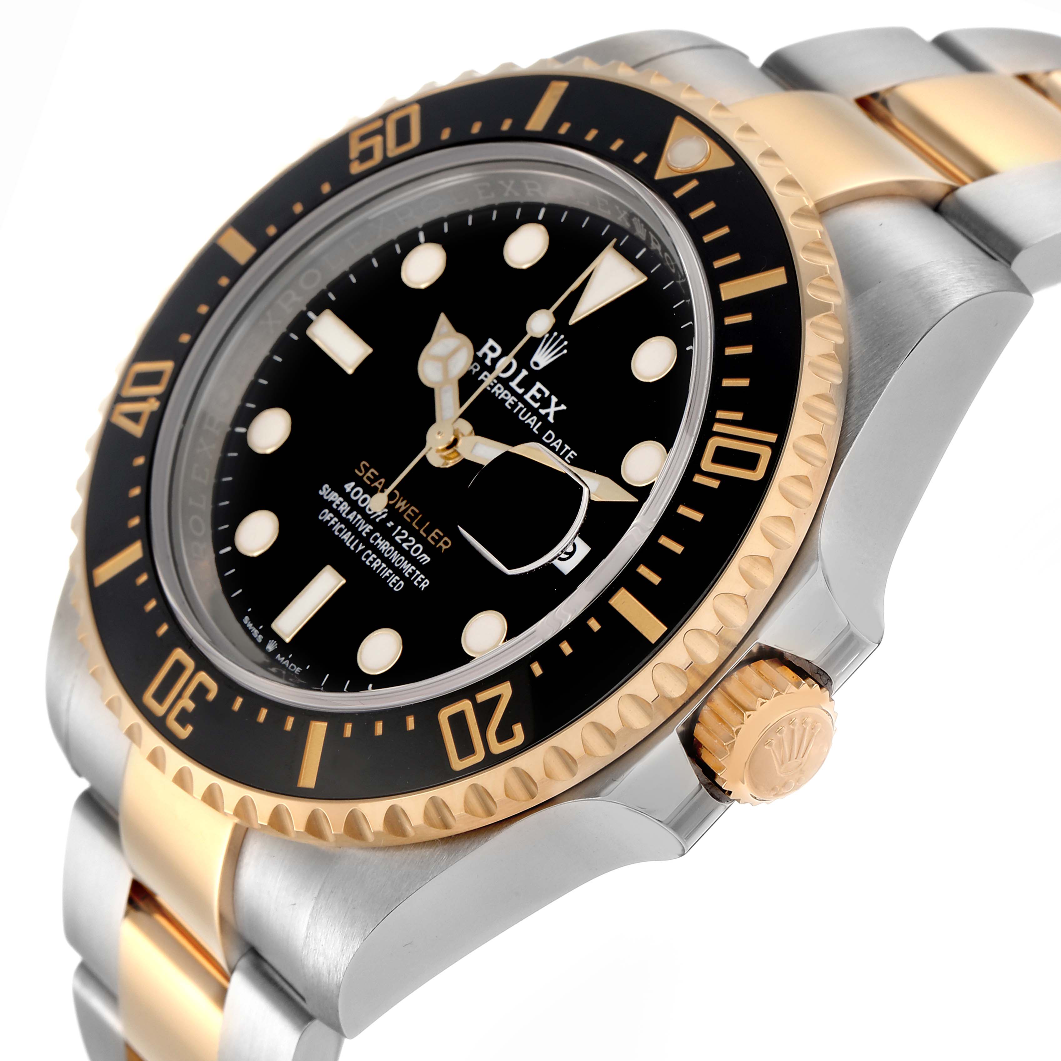 The Rolex Sea-Dweller 126603 Men
s Steel and Gold (two tone) Black Dial 126603 Men
s Steel and Gold (two tone) Black Dial watch is angled to show the dial, bezel, crown, and bracelet.