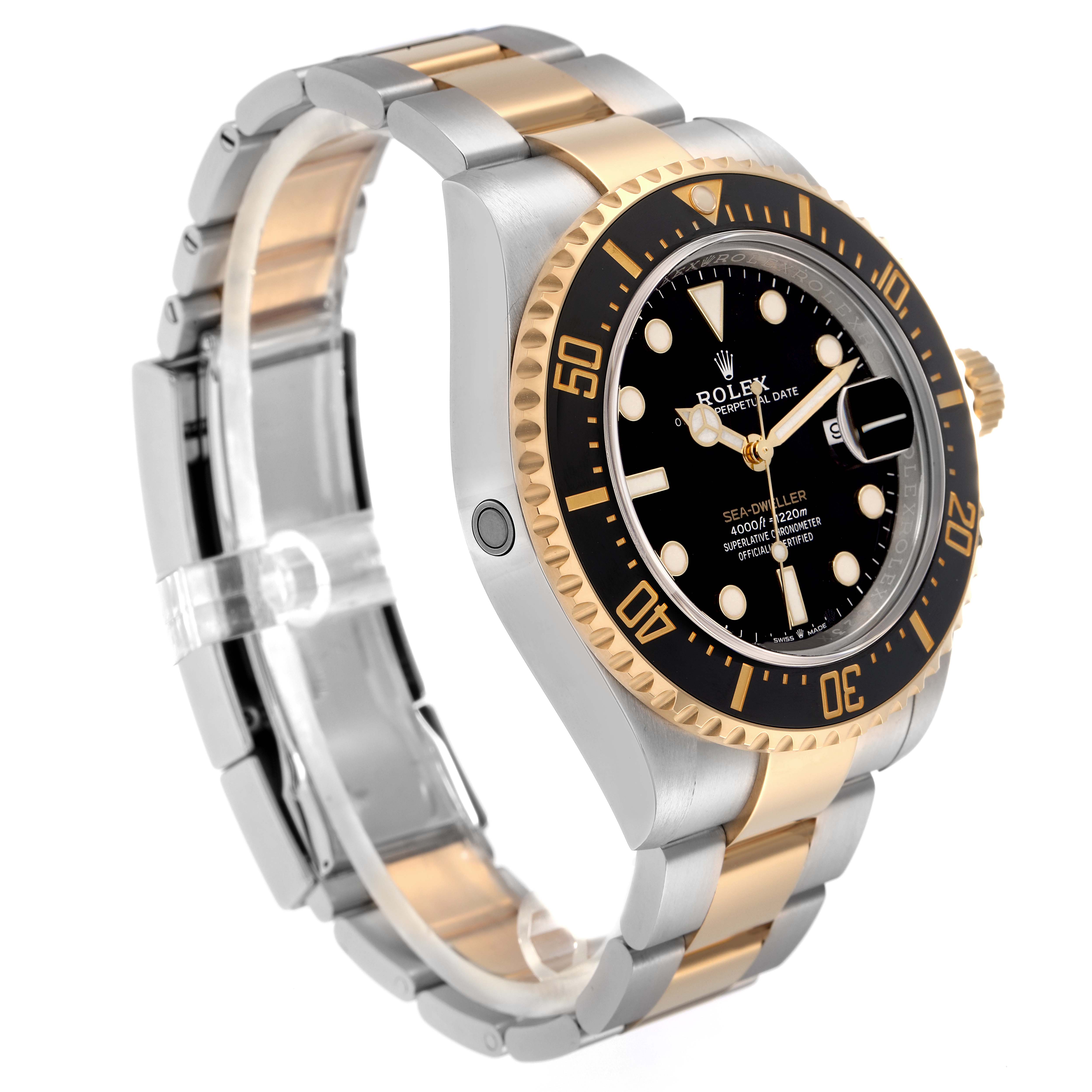 The Rolex Sea-Dweller 126603 Men
s Steel and Gold (two tone) Black Dial 126603 Men
s Steel and Gold (two tone) Black Dial watch is shown at a three-quarter angle, highlighting the bezel, dial, and bracelet.
