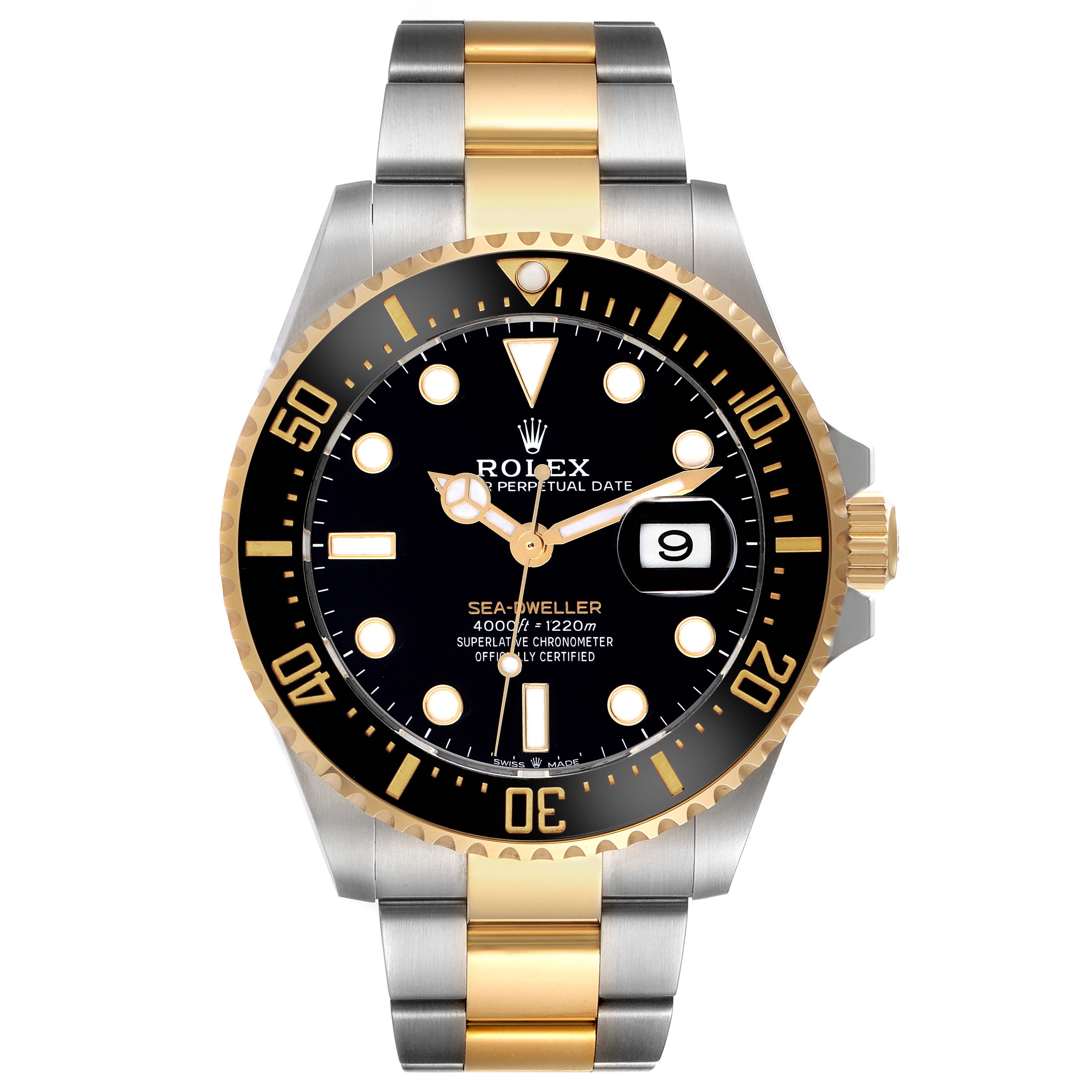 The Rolex Sea-Dweller 126603 Men
s Steel and Gold (two tone) Black Dial 126603 Men
s Steel and Gold (two tone) Black Dial watch is shown from the front, highlighting the dial, bezel, and bracelet.
