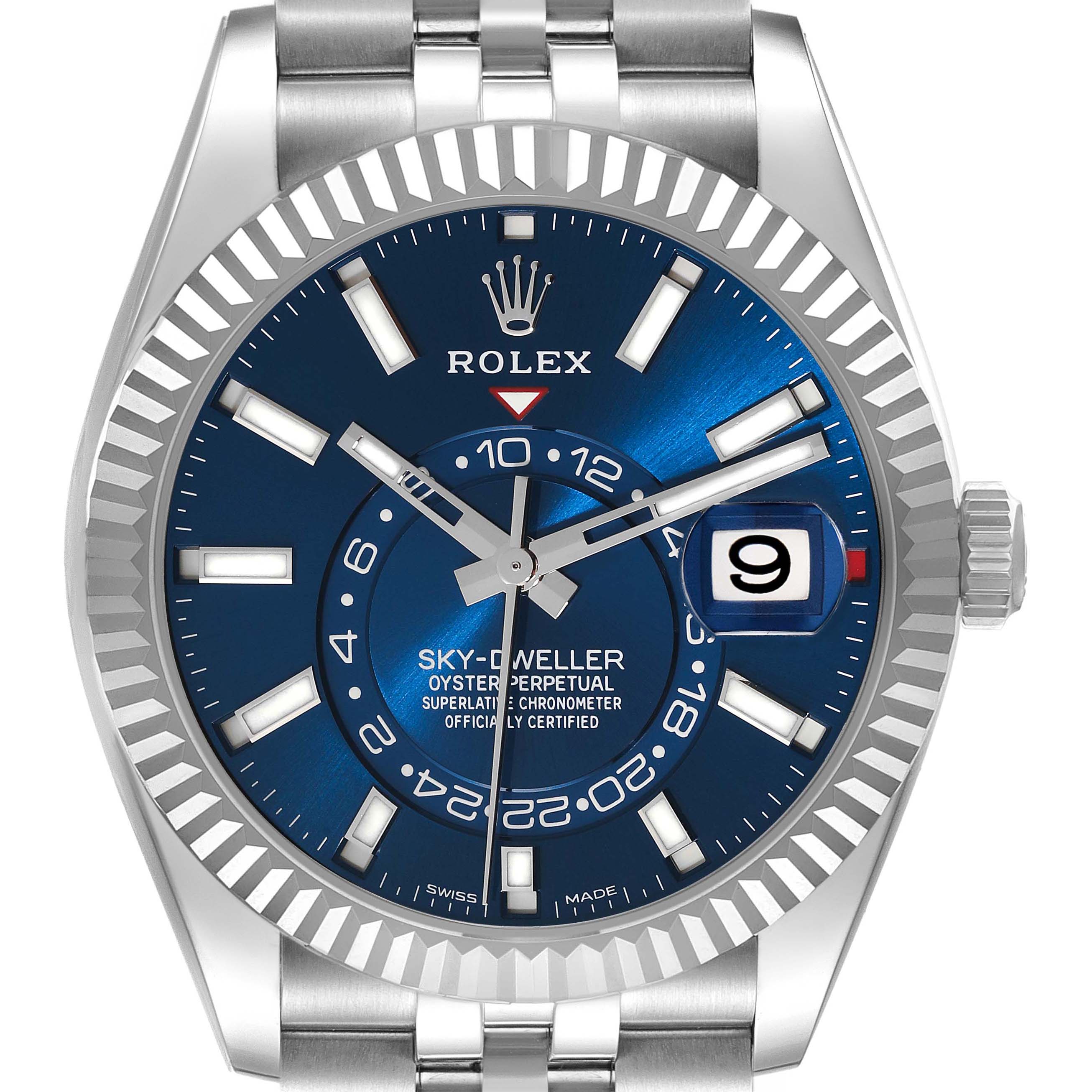 The image shows a frontal view of a Rolex Sky-Dweller 326934 Men's Stainless Steel Blue Dial 326934 Men's Stainless Steel Blue Dial watch, showcasing its blue dial, bezel, and bracelet.