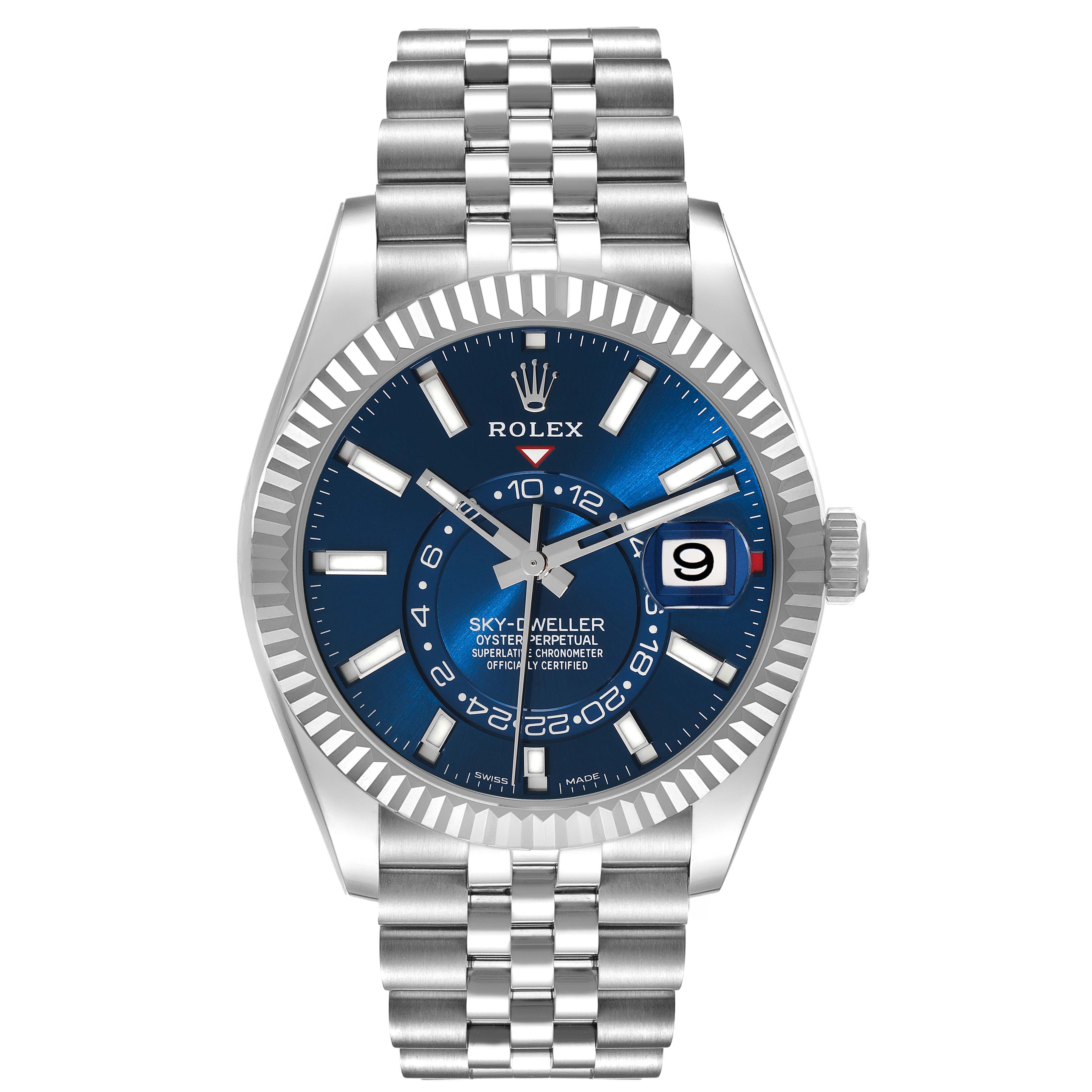 This is a front view of a Rolex Sky-Dweller 326934 Men's Stainless Steel Blue Dial 326934 Men's Stainless Steel Blue Dial watch showcasing its blue dial, date window, and stainless steel bracelet.