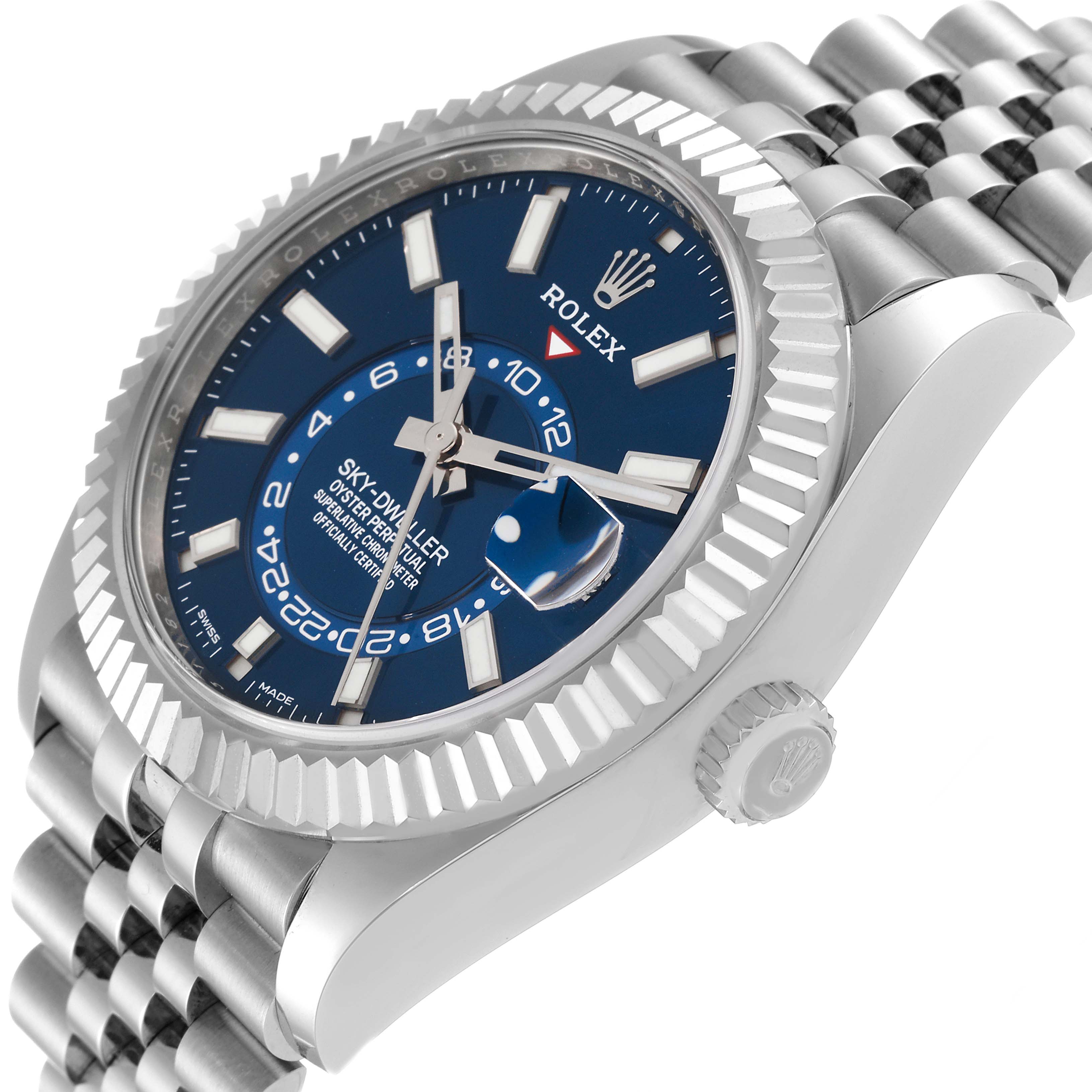 The image shows a close-up, side angle view of a Rolex Sky-Dweller 326934 Men's Stainless Steel Blue Dial 326934 Men's Stainless Steel Blue Dial watch, highlighting its dial, bezel, and part of the bracelet.